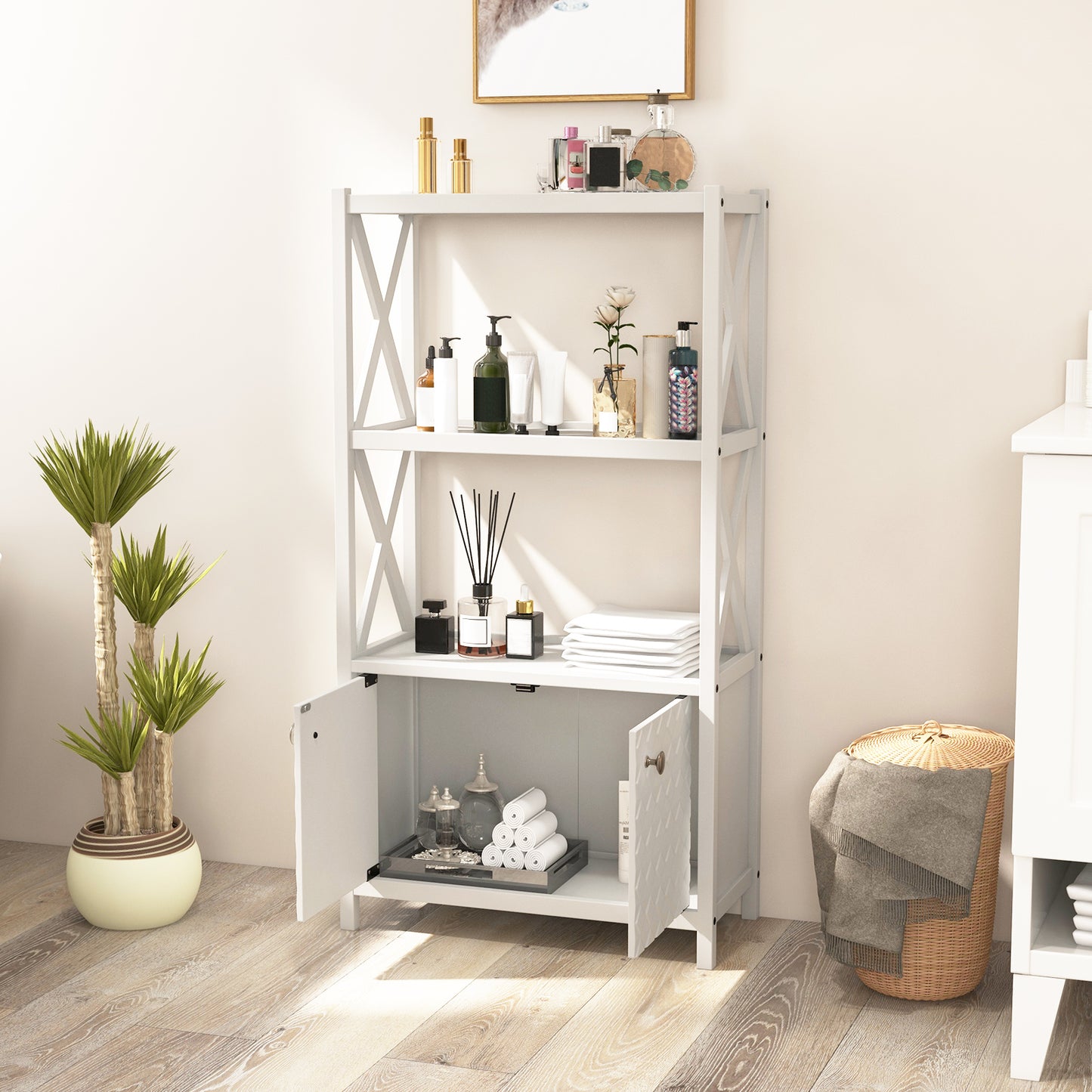 Elegant Freestanding Storage Cabinet with X-Shaped Bars and Double Door