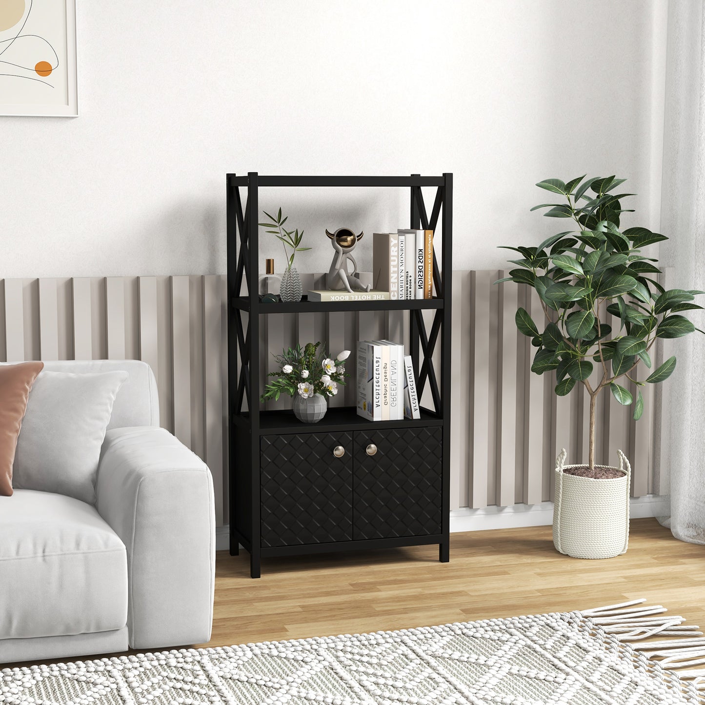 Elegant Freestanding Storage Cabinet with X-Shaped Bars and Double Door