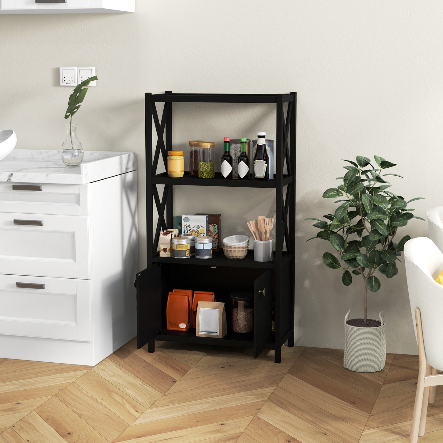 Elegant Freestanding Storage Cabinet with X-Shaped Bars and Double Door