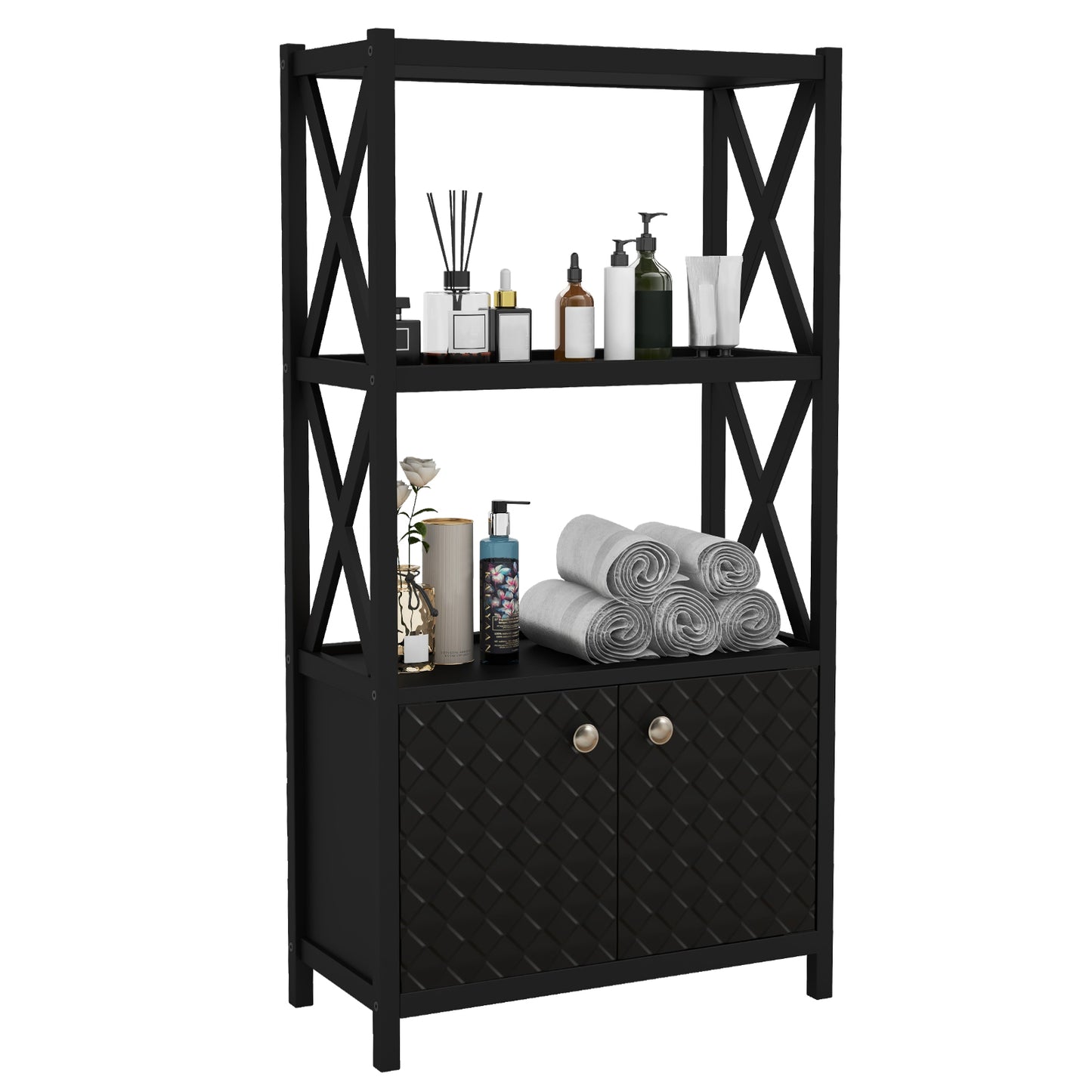 Elegant Freestanding Storage Cabinet with X-Shaped Bars and Double Door