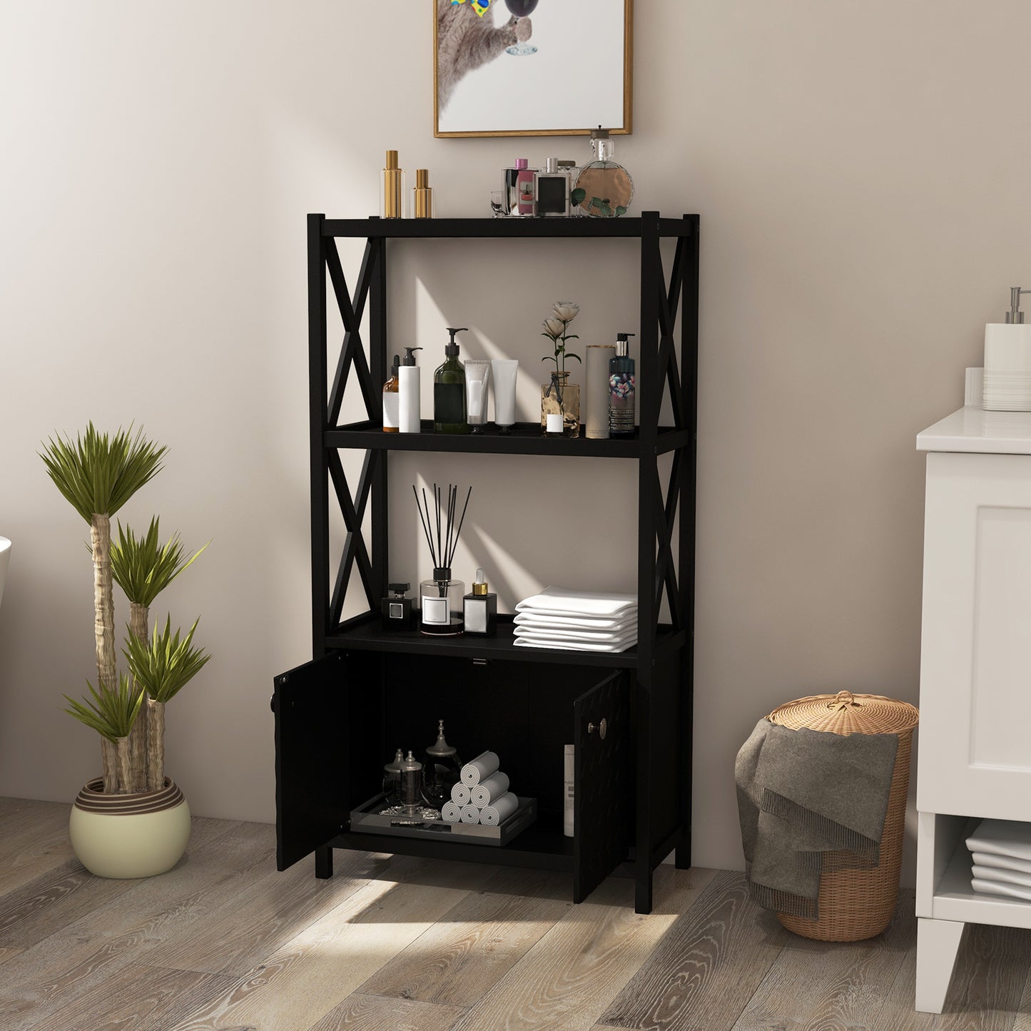 Elegant Freestanding Storage Cabinet with X-Shaped Bars and Double Door