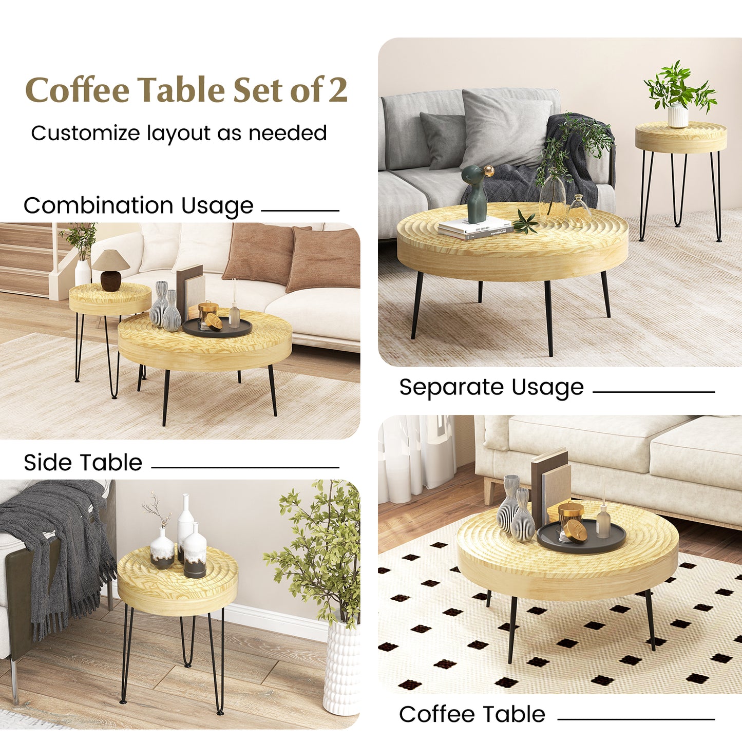 Solid Wood Round Coffee Tables Set of 2 with Ripple Design and Metal Legs, Natural Finish