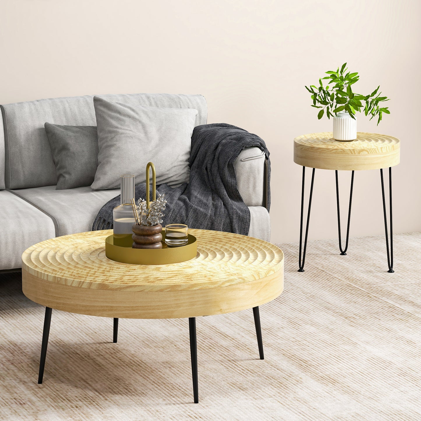 Solid Wood Round Coffee Tables Set of 2 with Ripple Design and Metal Legs, Natural Finish