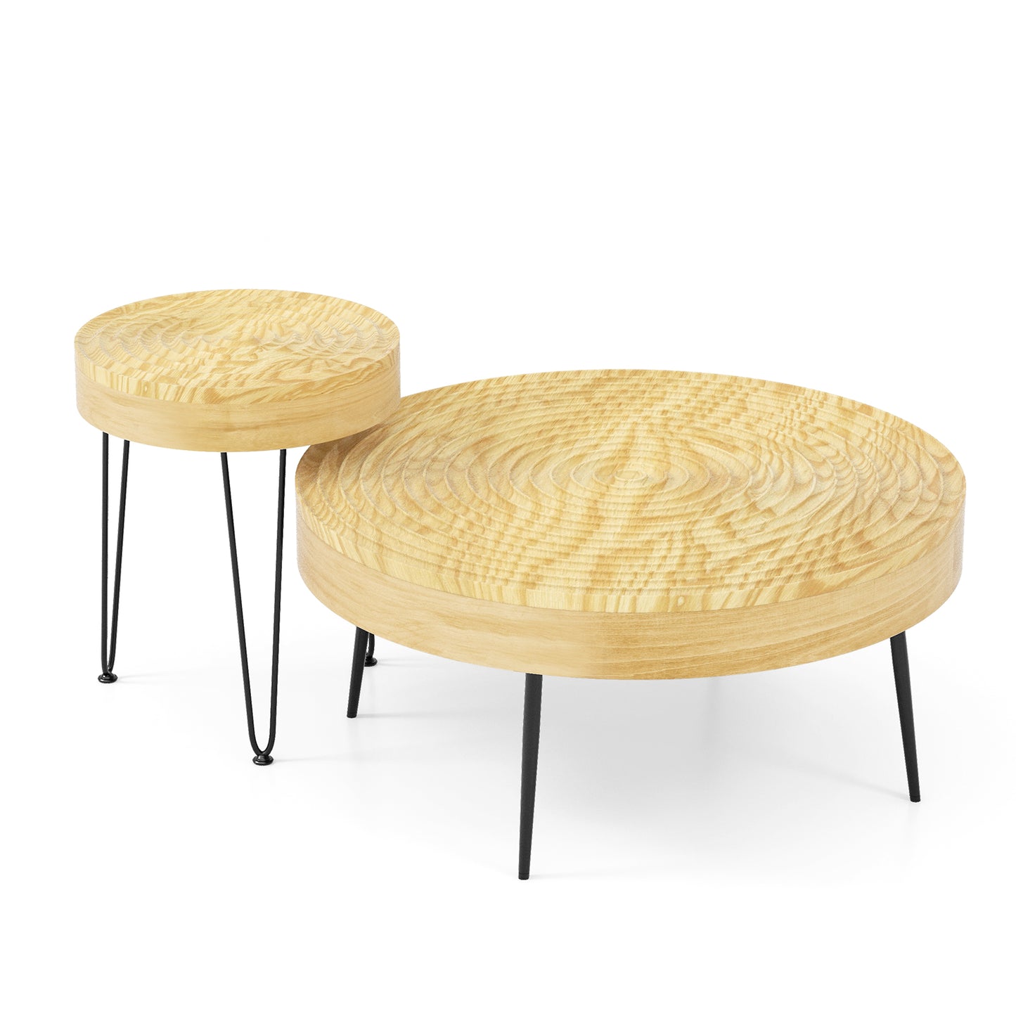 Solid Wood Round Coffee Tables Set of 2 with Ripple Design and Metal Legs, Natural Finish