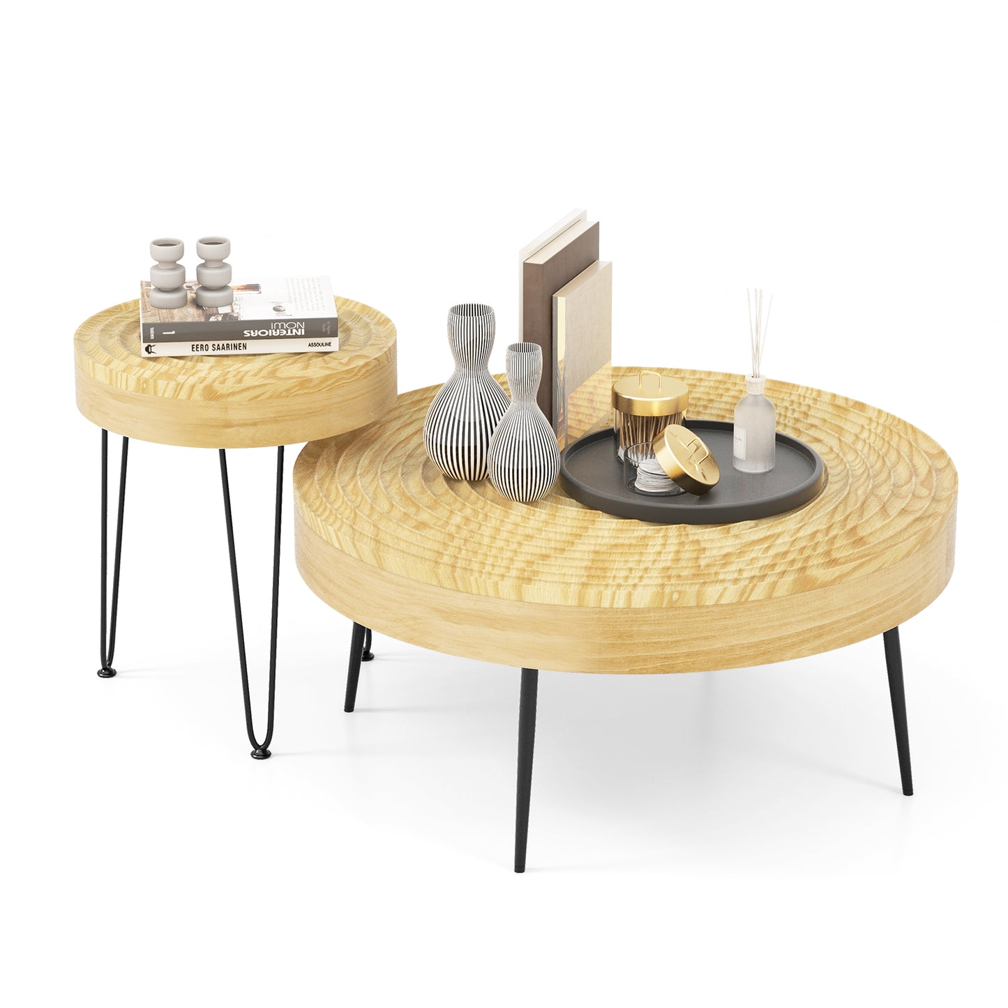 Solid Wood Round Coffee Tables Set of 2 with Ripple Design and Metal Legs, Natural Finish