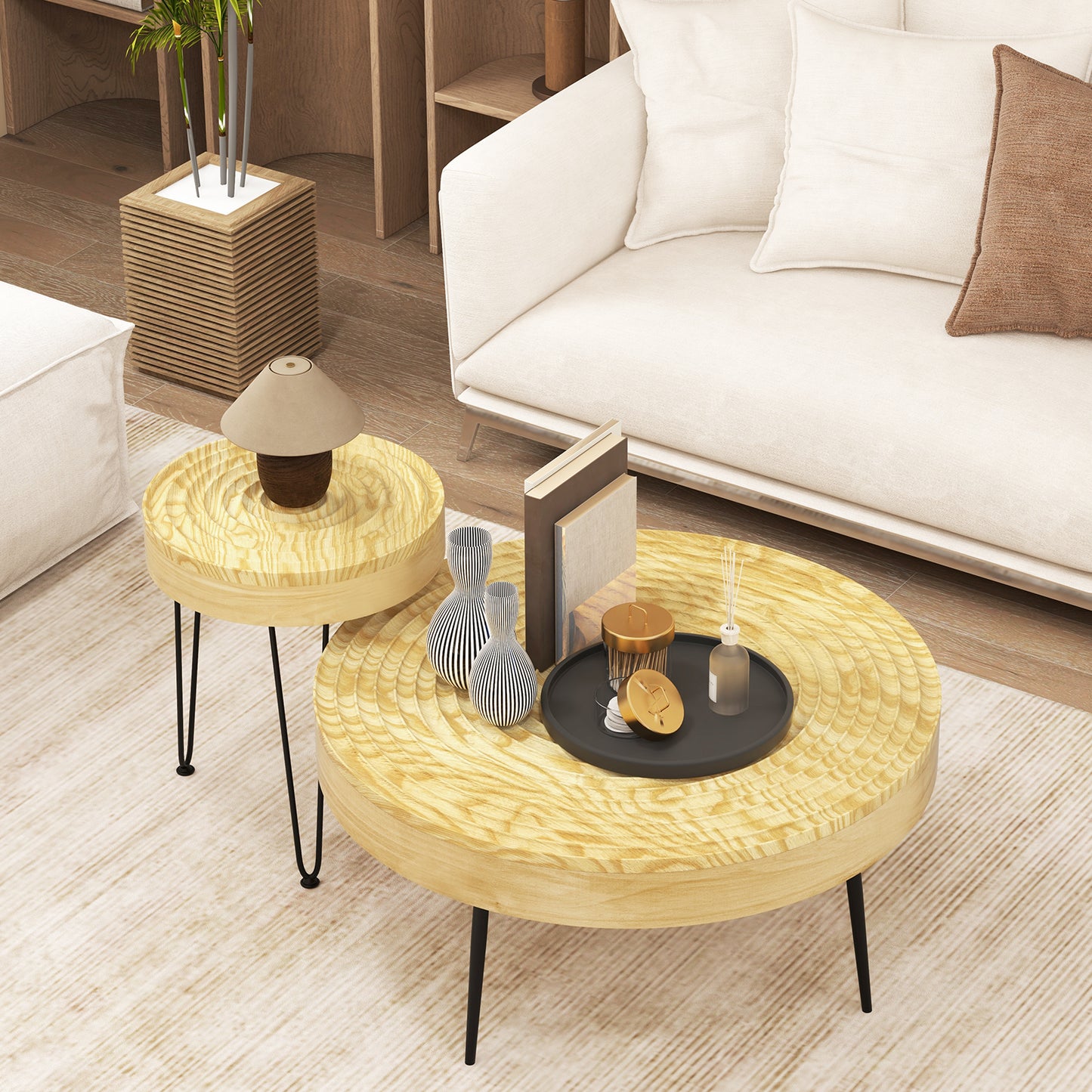 Solid Wood Round Coffee Tables Set of 2 with Ripple Design and Metal Legs, Natural Finish