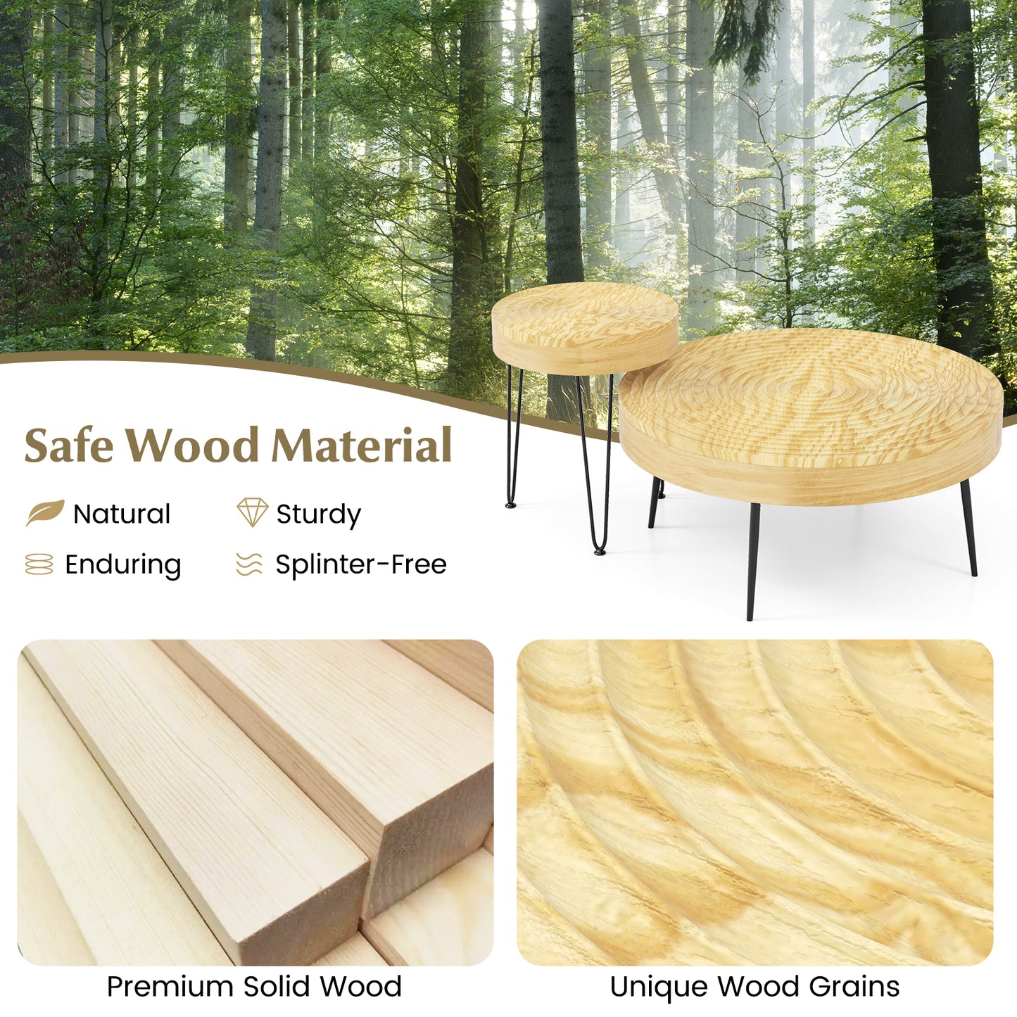 Solid Wood Round Coffee Tables Set of 2 with Ripple Design and Metal Legs, Natural Finish