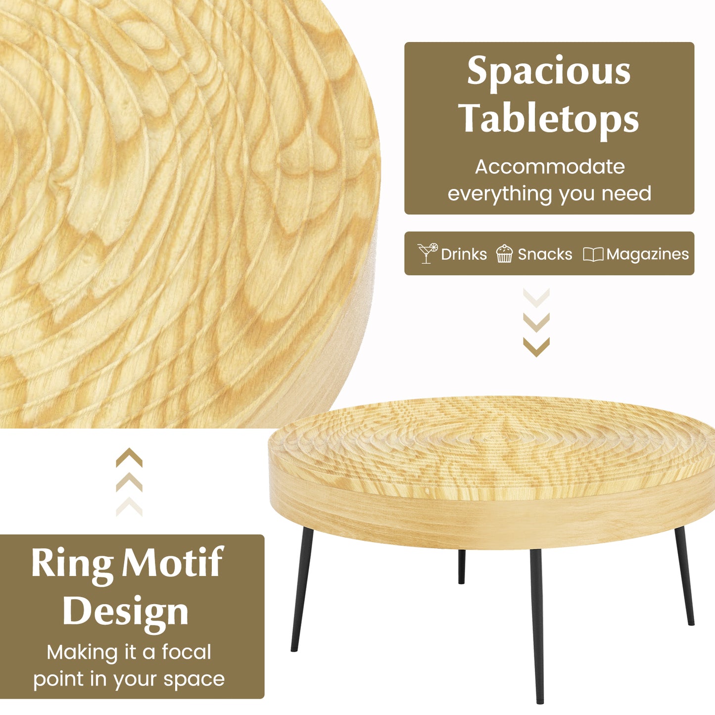 Solid Wood Round Coffee Tables Set of 2 with Ripple Design and Metal Legs, Natural Finish