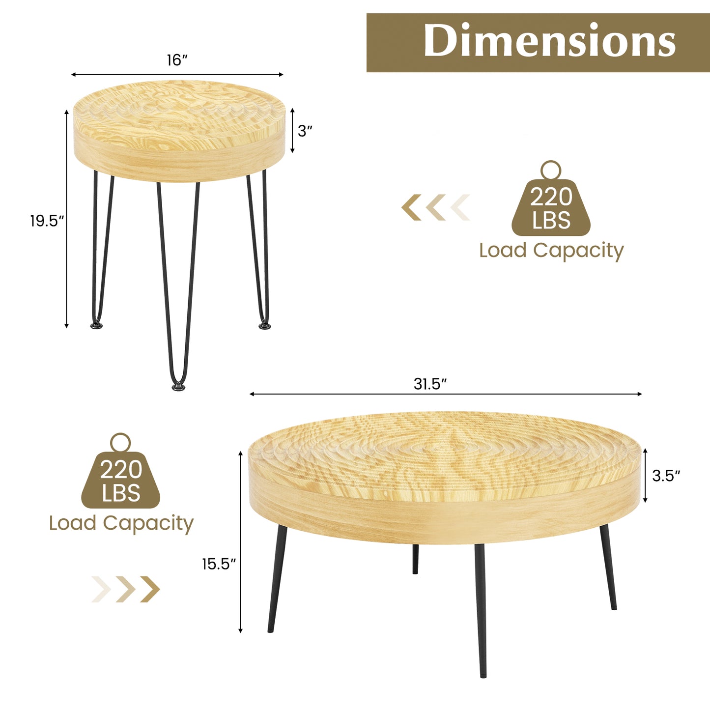 Solid Wood Round Coffee Tables Set of 2 with Ripple Design and Metal Legs, Natural Finish