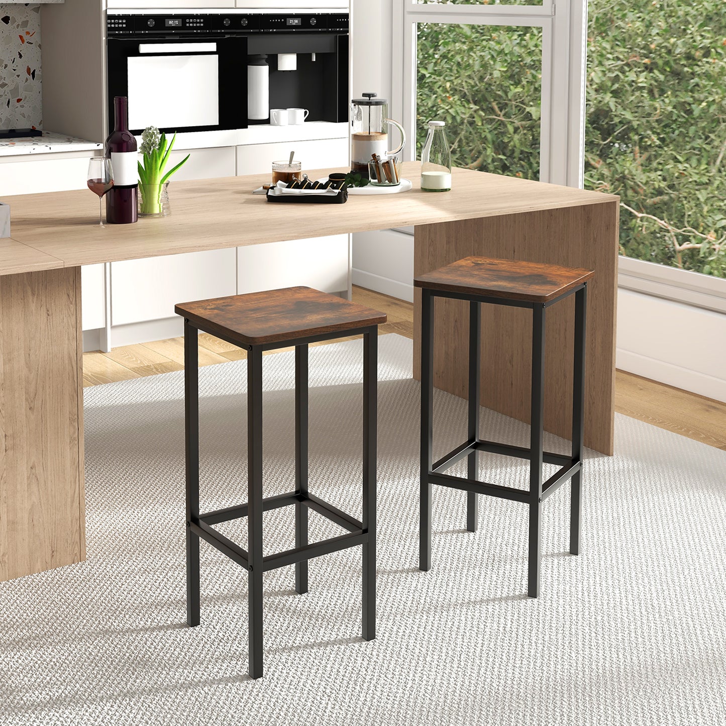 Bar Stool Set of 4 with Metal Legs, Footrest and 26 Inch Seat Height, Rustic Brown