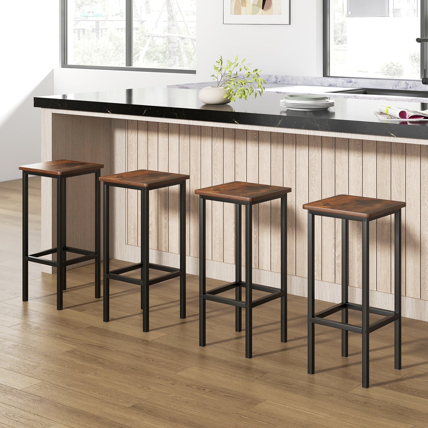 Bar Stool Set of 4 with Metal Legs, Footrest and 26 Inch Seat Height, Rustic Brown