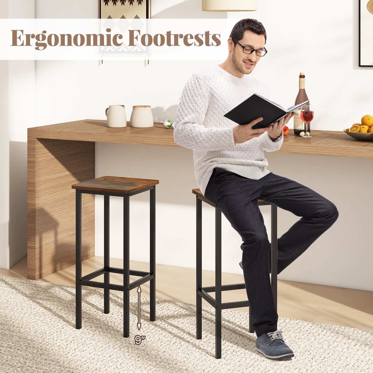 Bar Stool Set of 4 with Metal Legs, Footrest and 26 Inch Seat Height, Rustic Brown