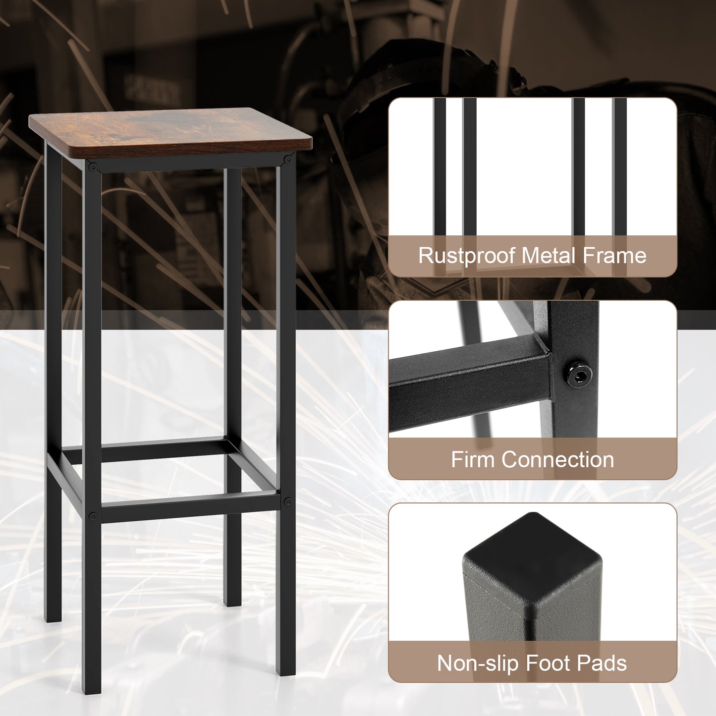 Bar Stool Set of 4 with Metal Legs, Footrest and 26 Inch Seat Height, Rustic Brown