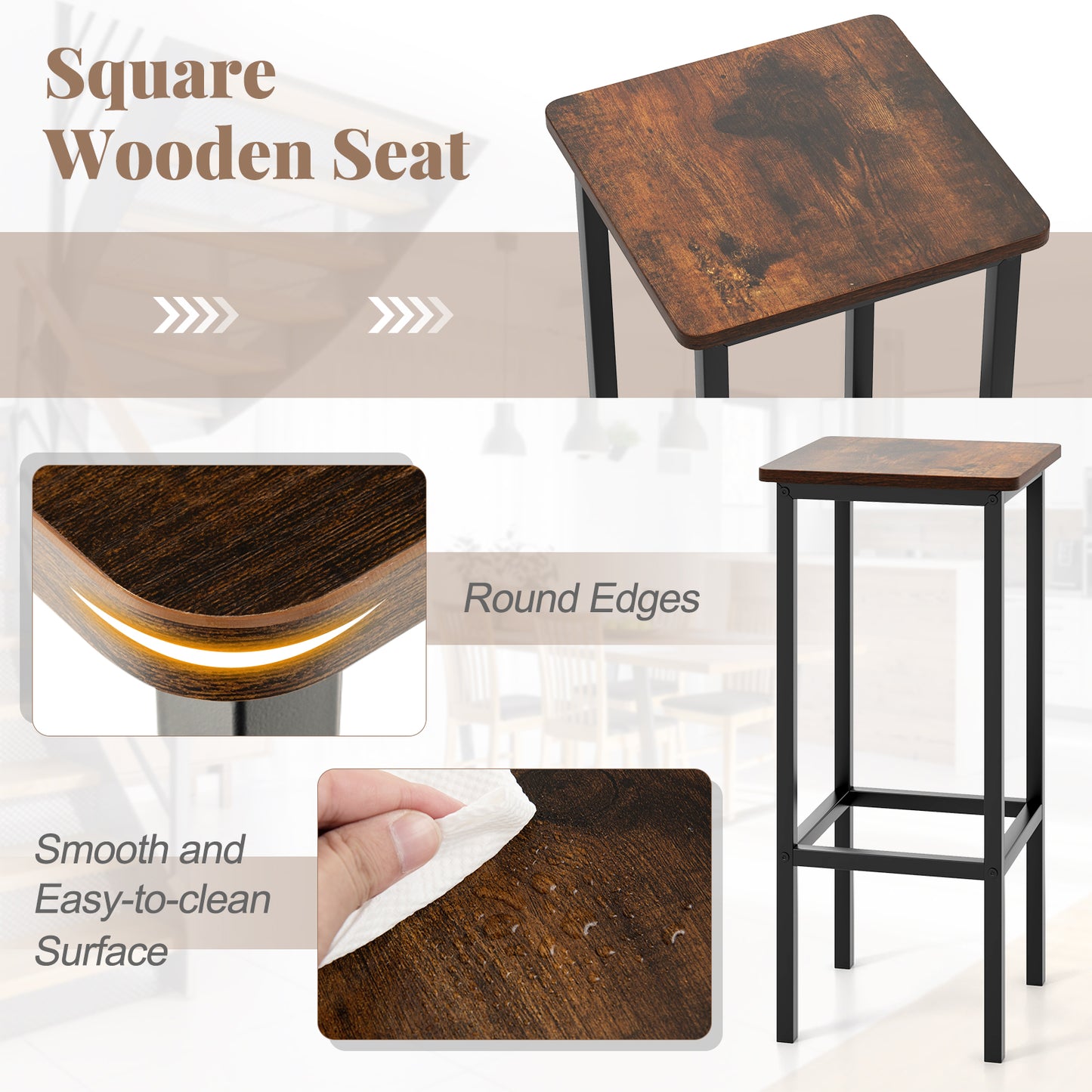 Bar Stool Set of 4 with Metal Legs, Footrest and 26 Inch Seat Height, Rustic Brown