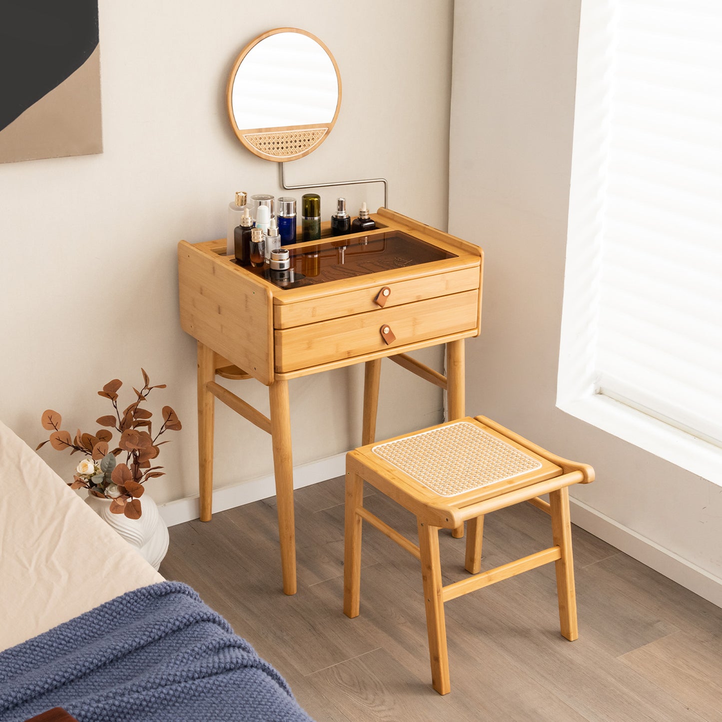 Bamboo Makeup Vanity with Tempered Glass Top, Mirror and Storage Drawers