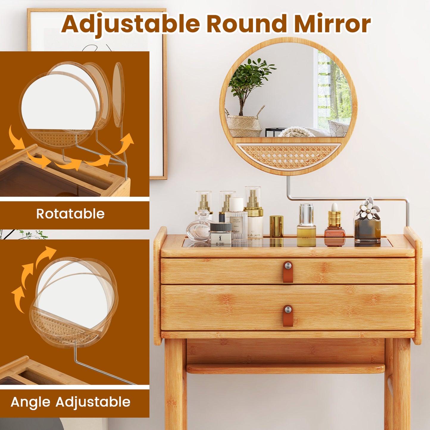 Bamboo Makeup Vanity with Tempered Glass Top, Mirror and Storage Drawers