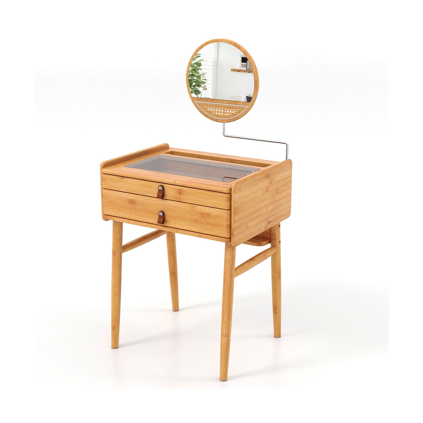 Bamboo Makeup Vanity with Tempered Glass Top, Mirror and Storage Drawers