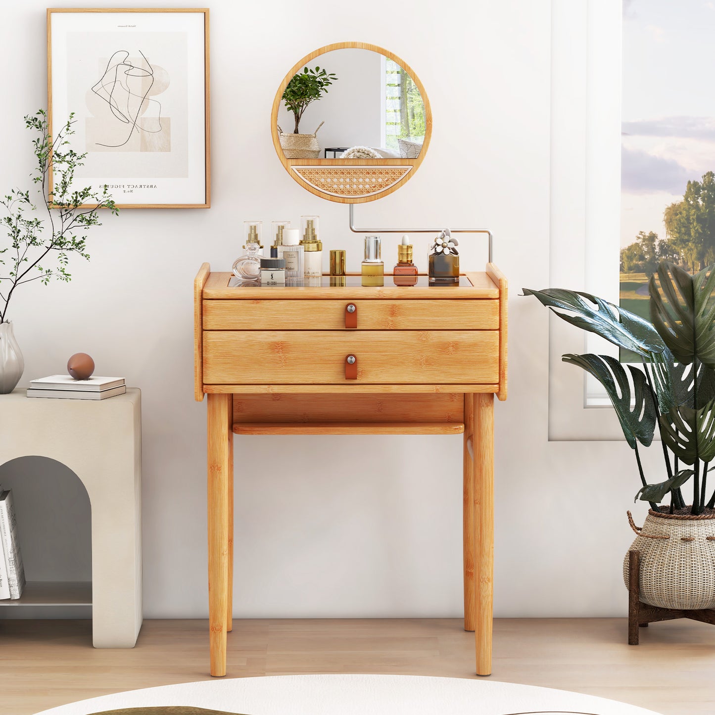 Bamboo Makeup Vanity with Tempered Glass Top, Mirror and Storage Drawers