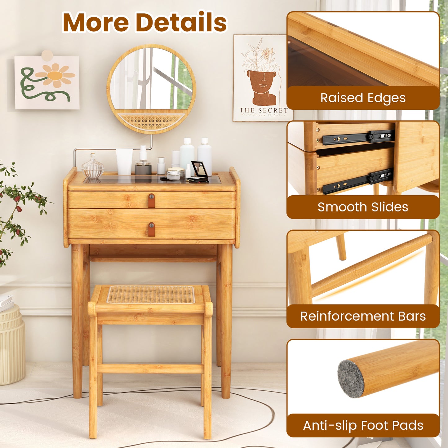 Bamboo Makeup Vanity with Tempered Glass Top, Mirror and Storage Drawers