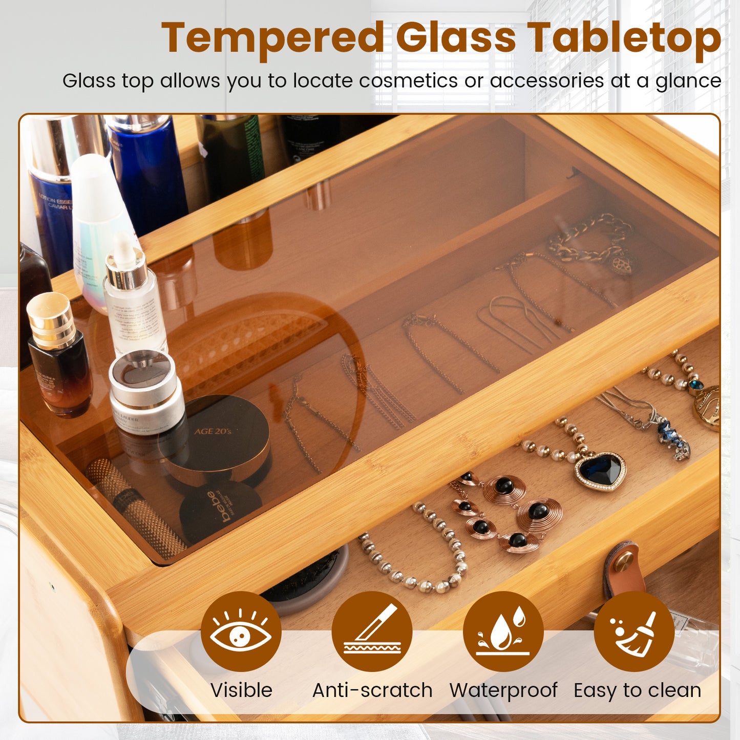 Bamboo Makeup Vanity with Tempered Glass Top, Mirror and Storage Drawers