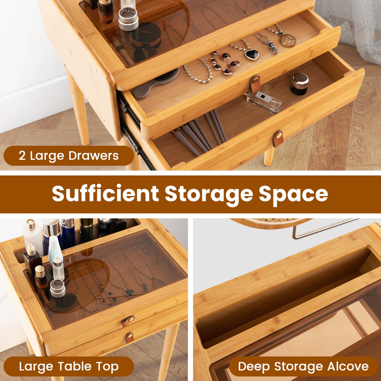 Bamboo Makeup Vanity with Tempered Glass Top, Mirror and Storage Drawers