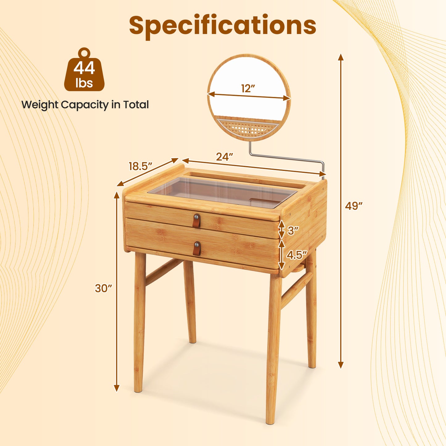 Bamboo Makeup Vanity with Tempered Glass Top, Mirror and Storage Drawers