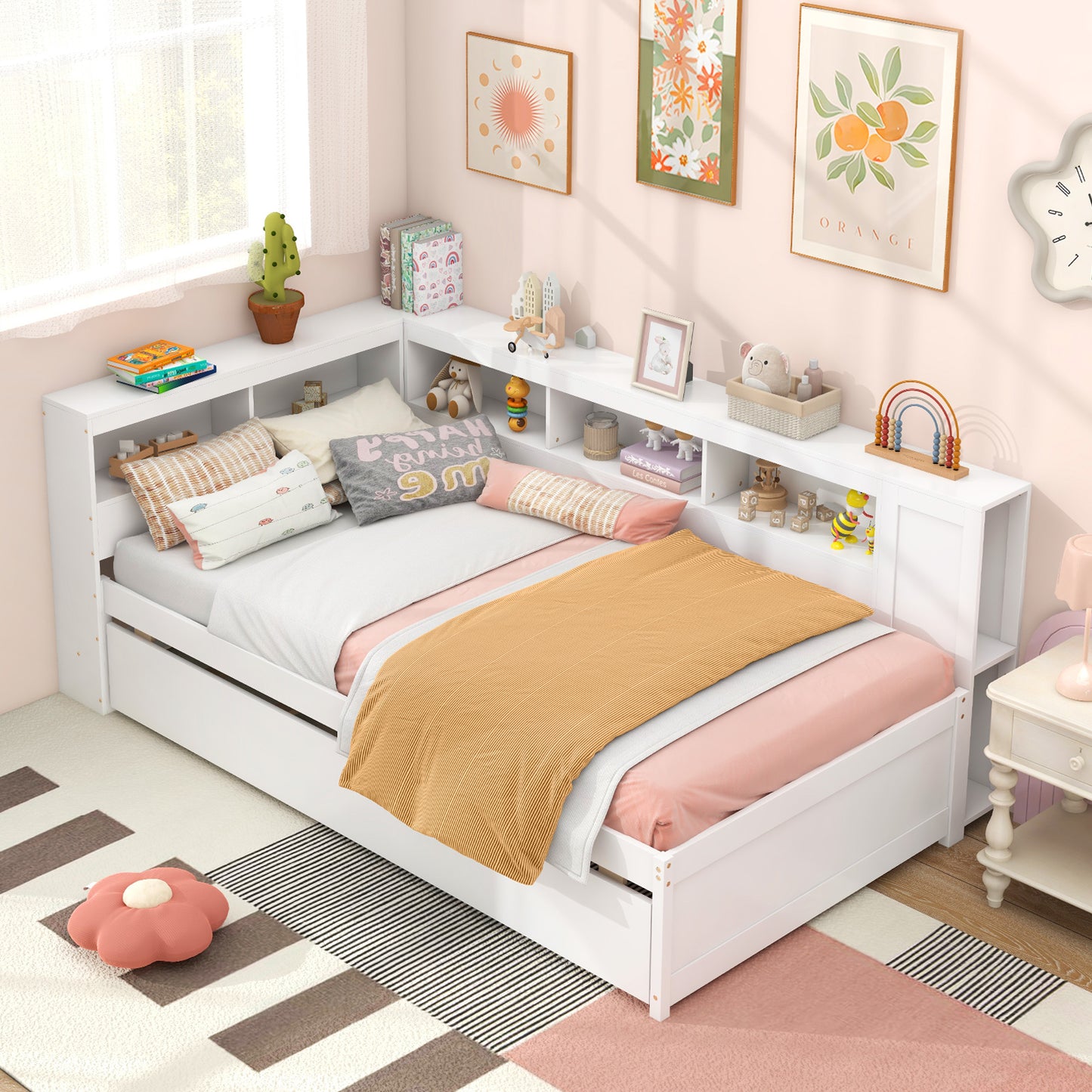 White Twin Size Daybed with Trundle and Storage Shelves – Platform Bed Frame