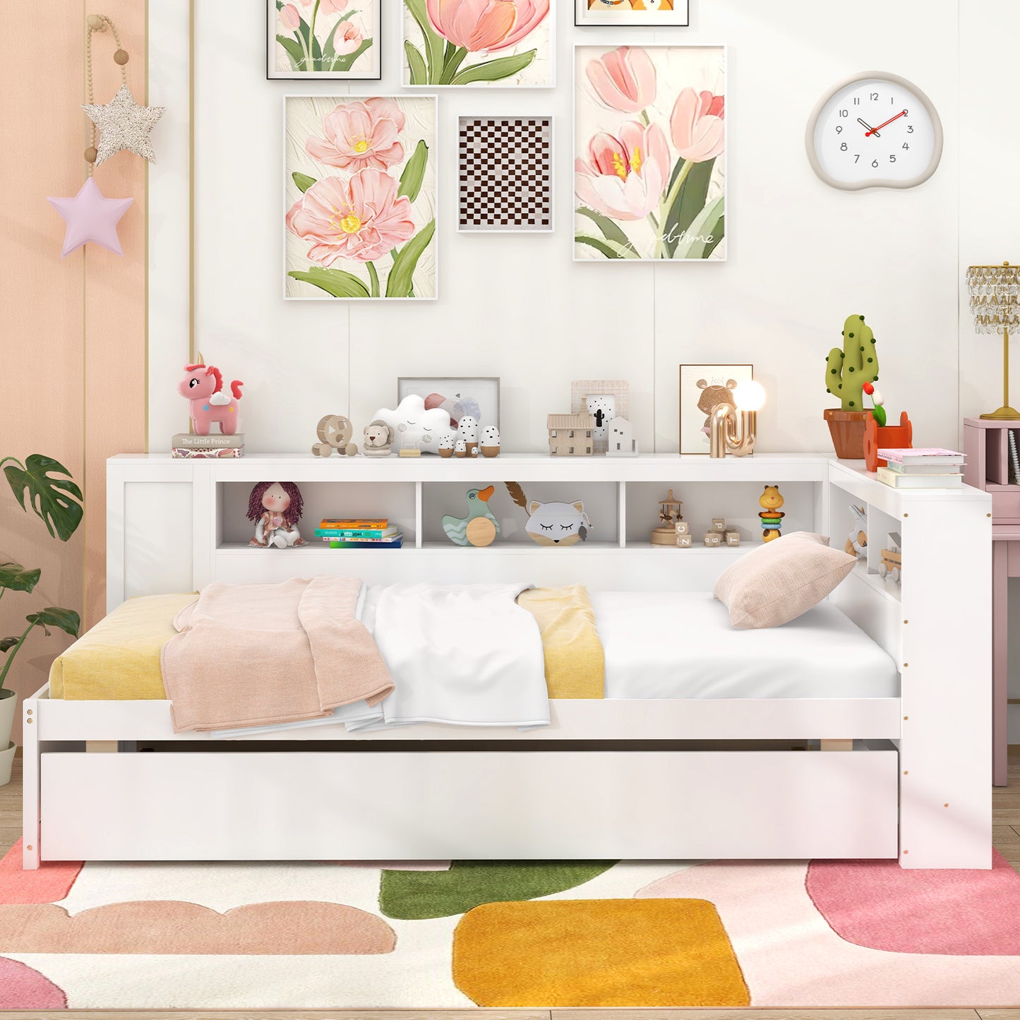 White Twin Size Daybed with Trundle and Storage Shelves – Platform Bed Frame