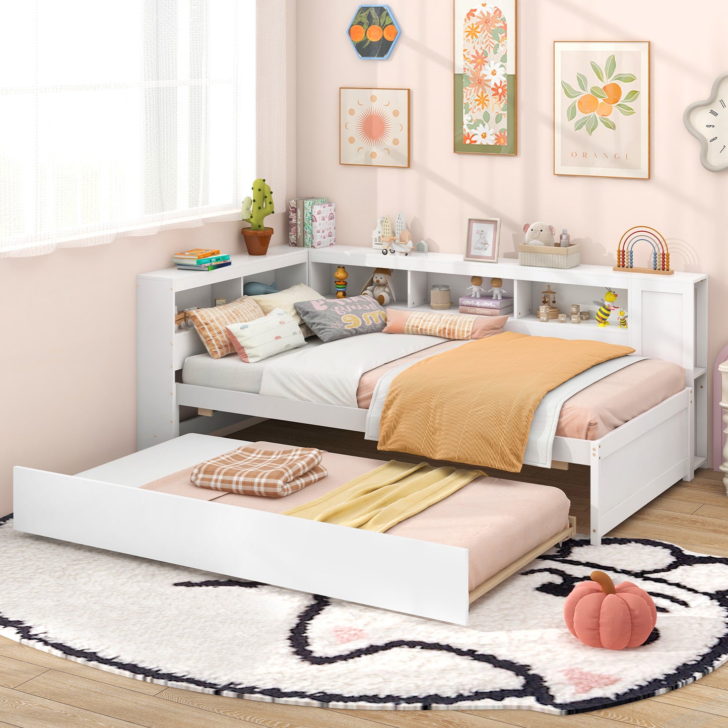 White Twin Size Daybed with Trundle and Storage Shelves – Platform Bed Frame