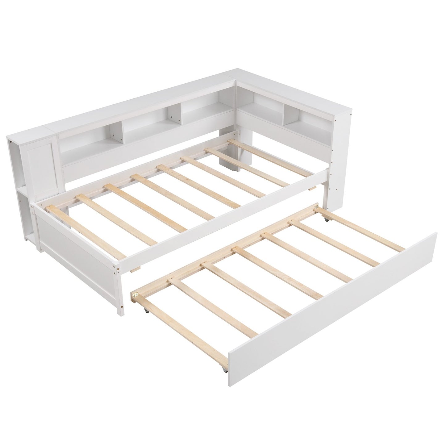 White Twin Size Daybed with Trundle and Storage Shelves – Platform Bed Frame