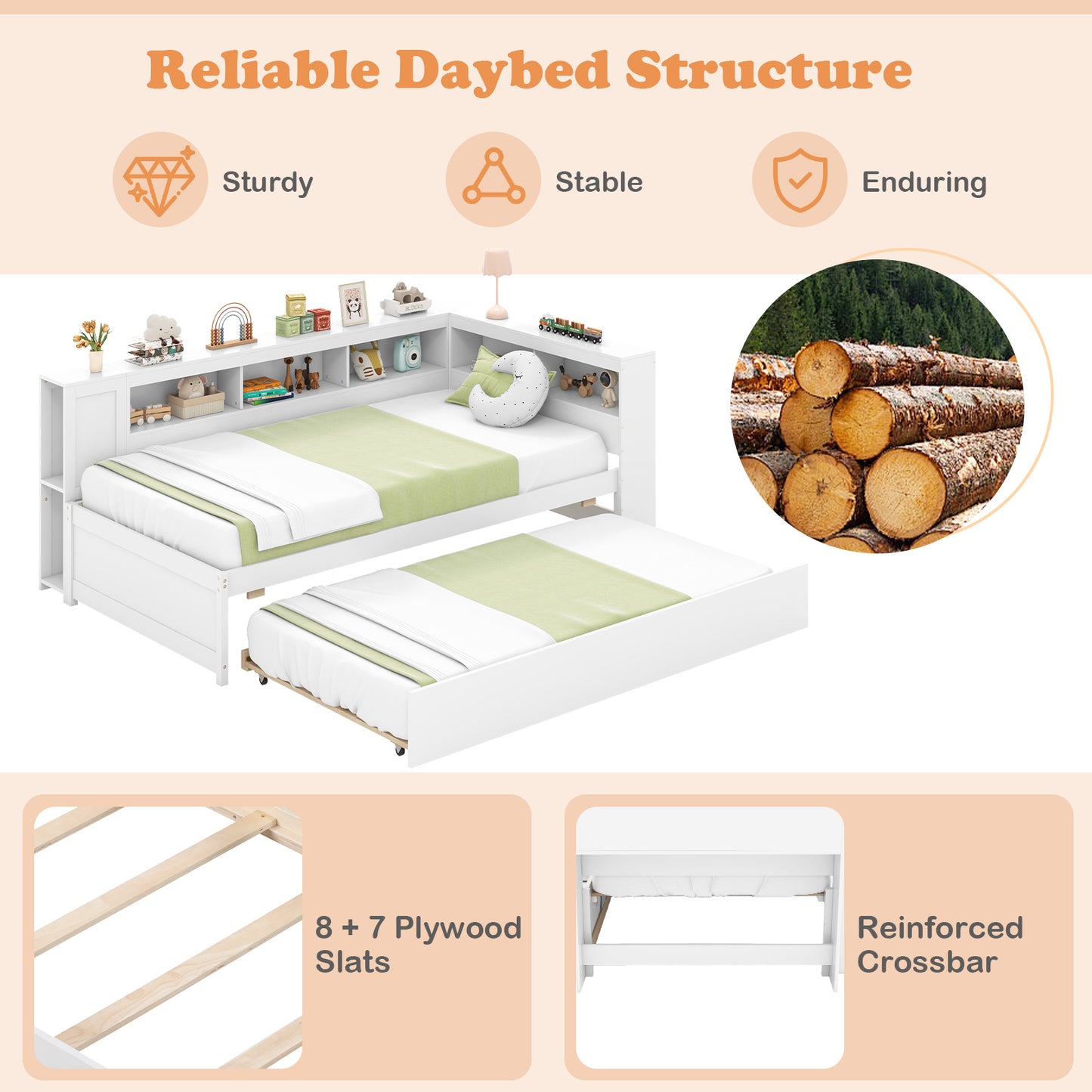 White Twin Size Daybed with Trundle and Storage Shelves – Platform Bed Frame
