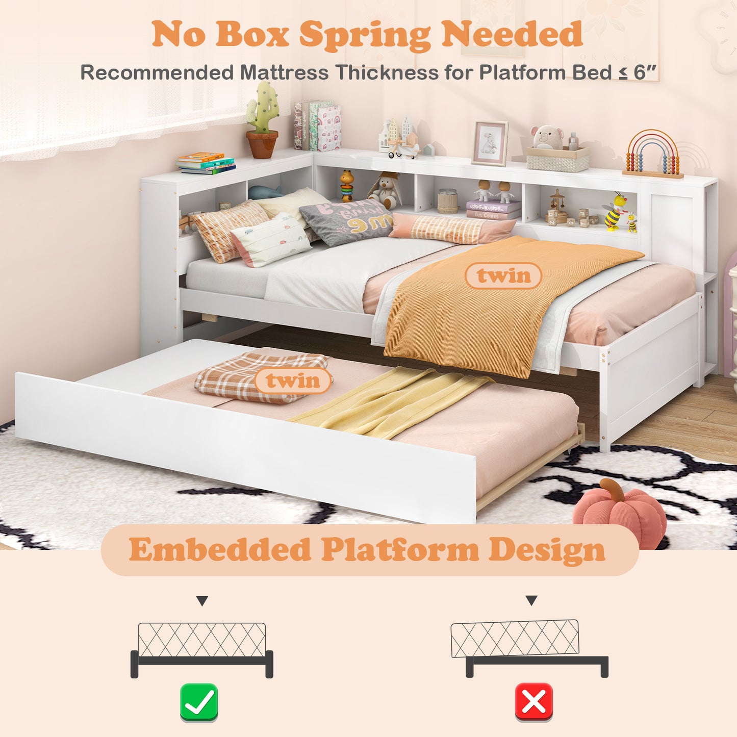 White Twin Size Daybed with Trundle and Storage Shelves – Platform Bed Frame