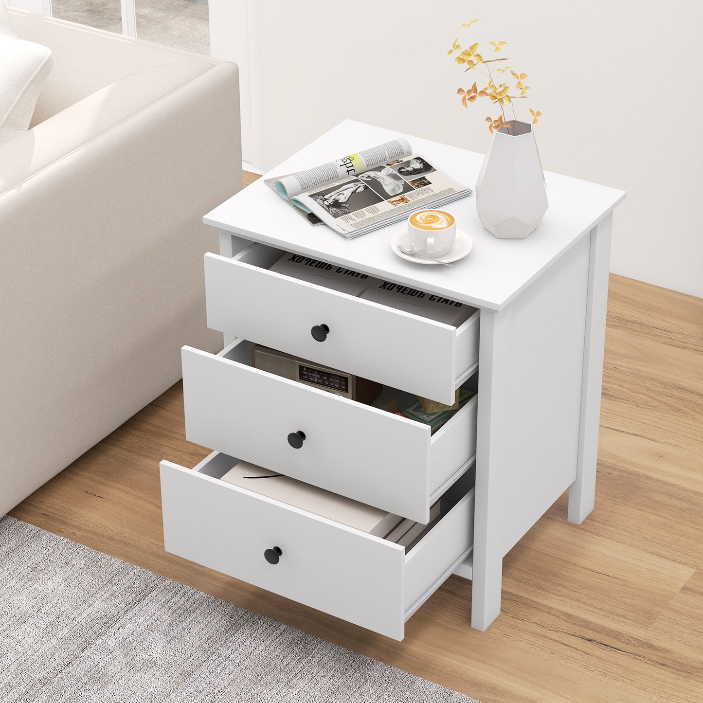 Sleek Wooden Nightstand with 3 Drawers for Bedroom or Living Room – White