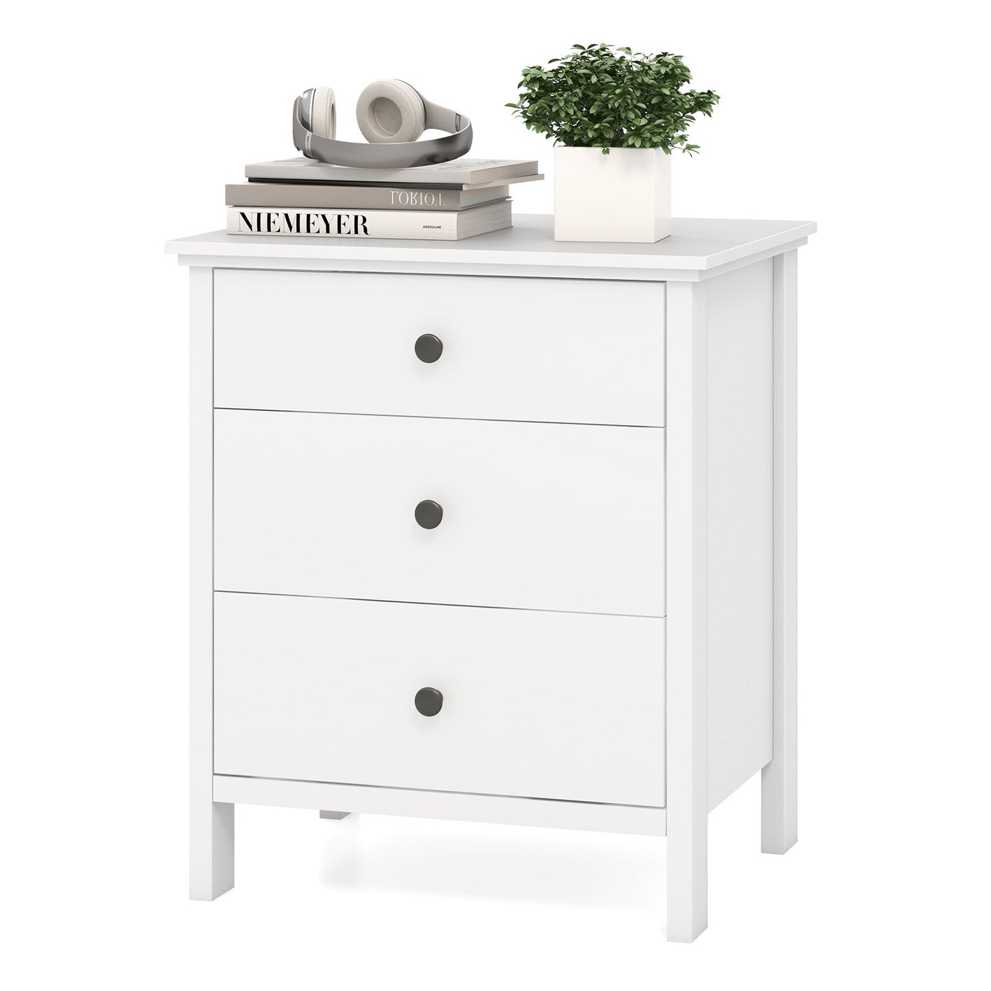Sleek Wooden Nightstand with 3 Drawers for Bedroom or Living Room – White