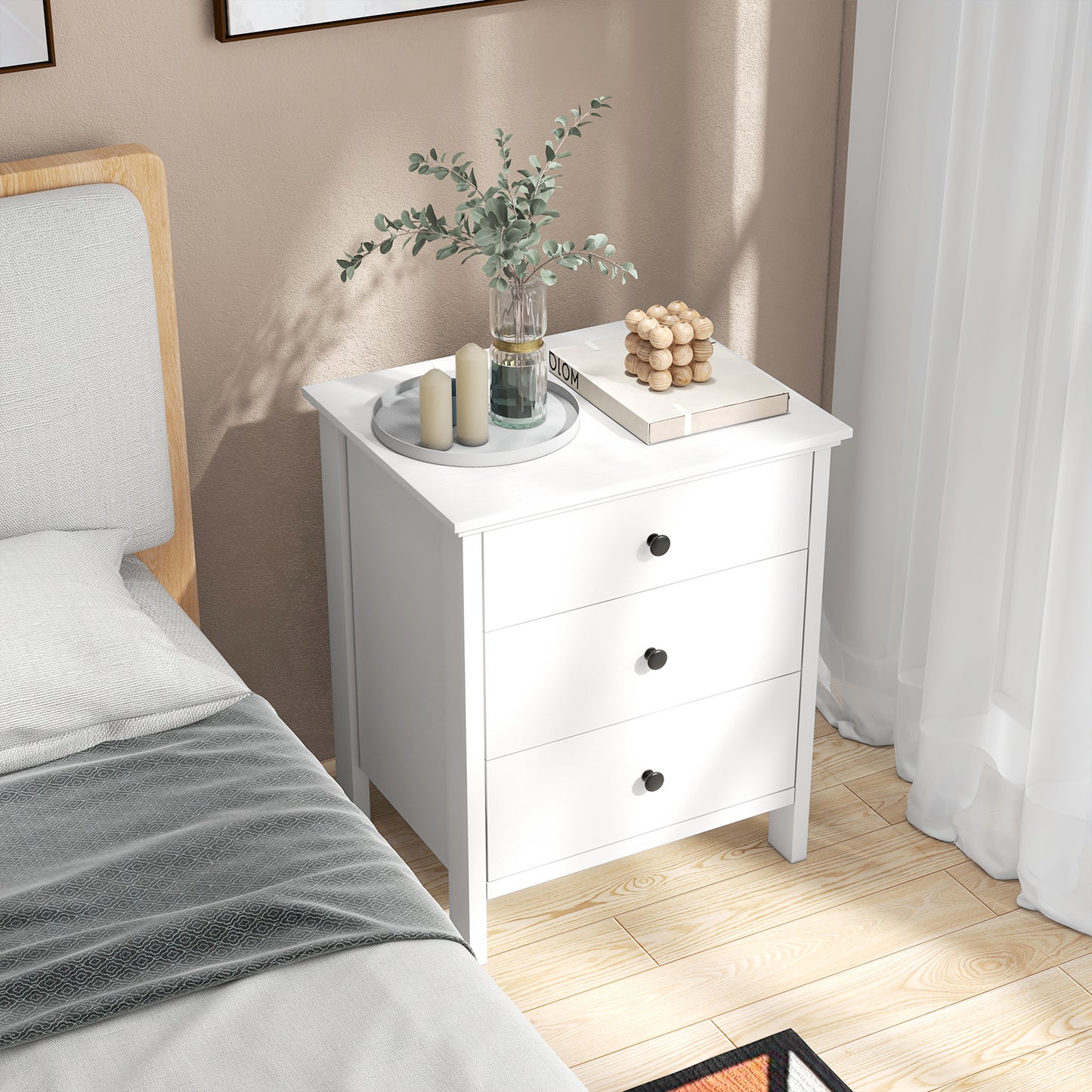 Sleek Wooden Nightstand with 3 Drawers for Bedroom or Living Room – White