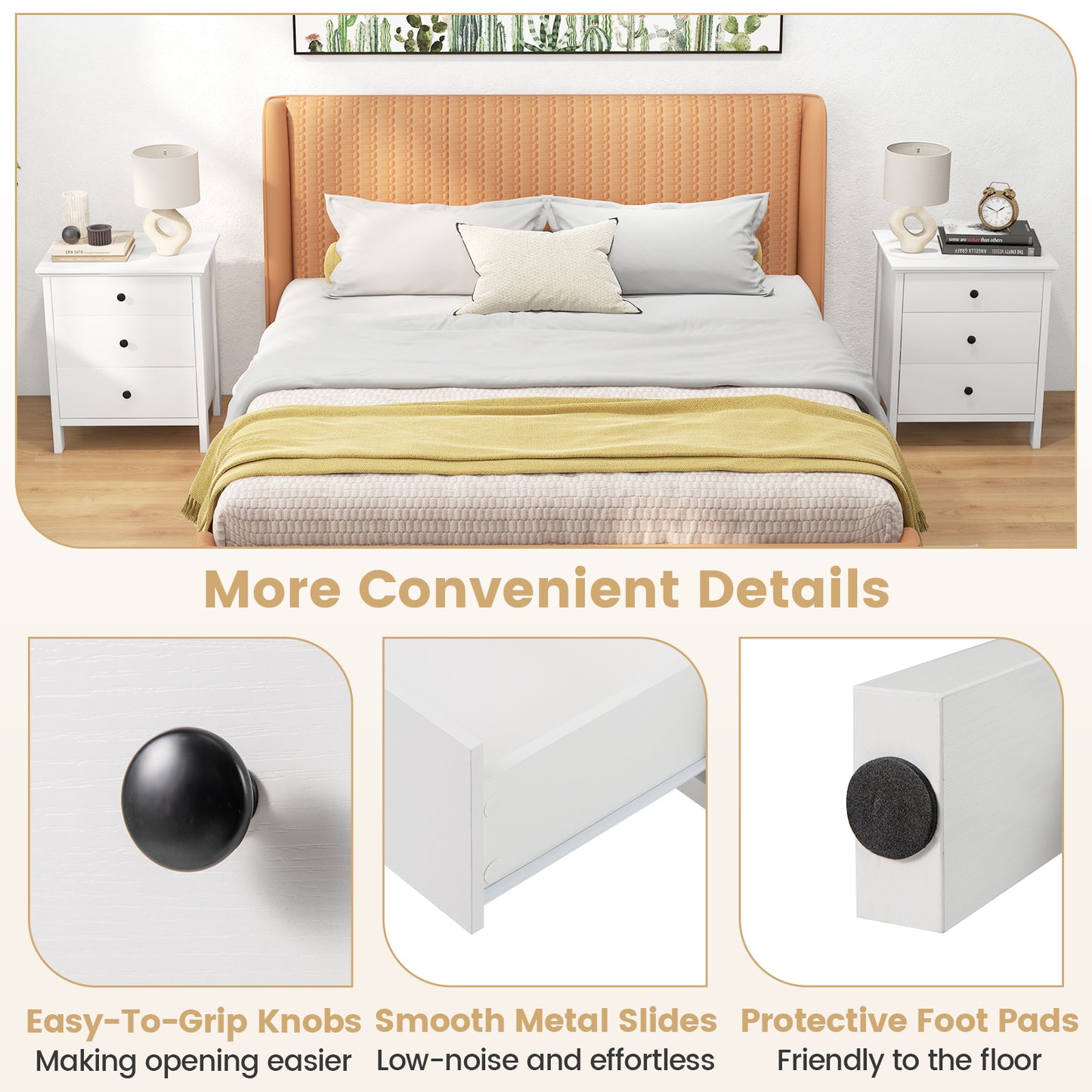 Sleek Wooden Nightstand with 3 Drawers for Bedroom or Living Room – White