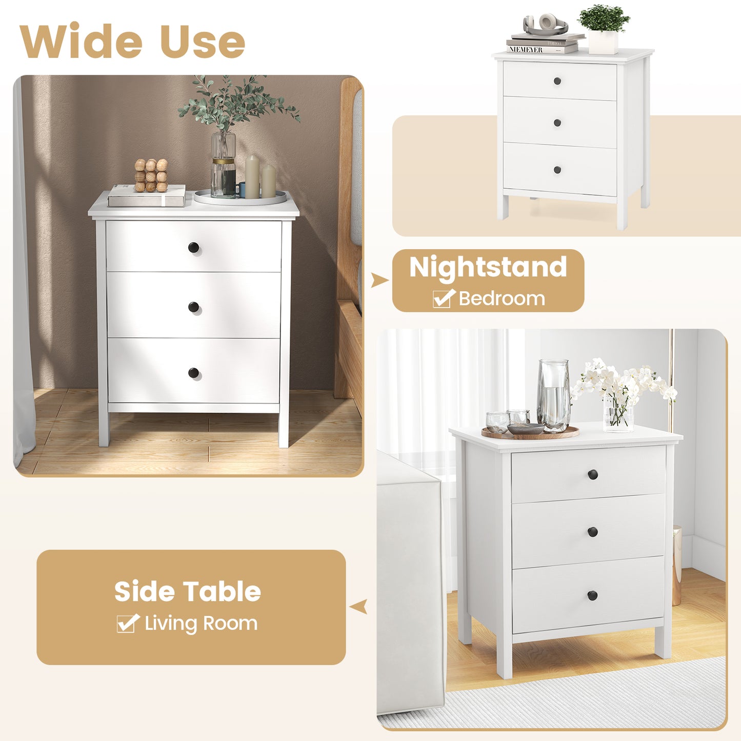 Sleek Wooden Nightstand with 3 Drawers for Bedroom or Living Room – White
