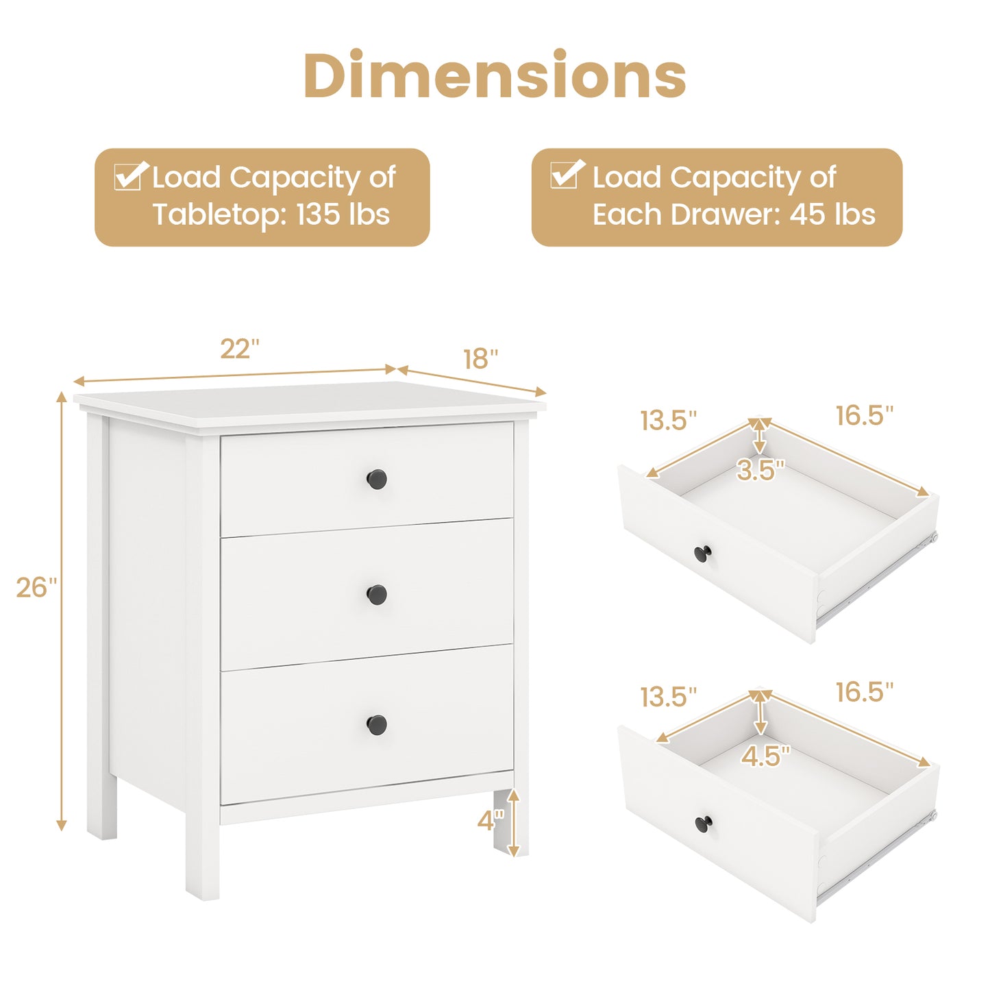 Sleek Wooden Nightstand with 3 Drawers for Bedroom or Living Room – White