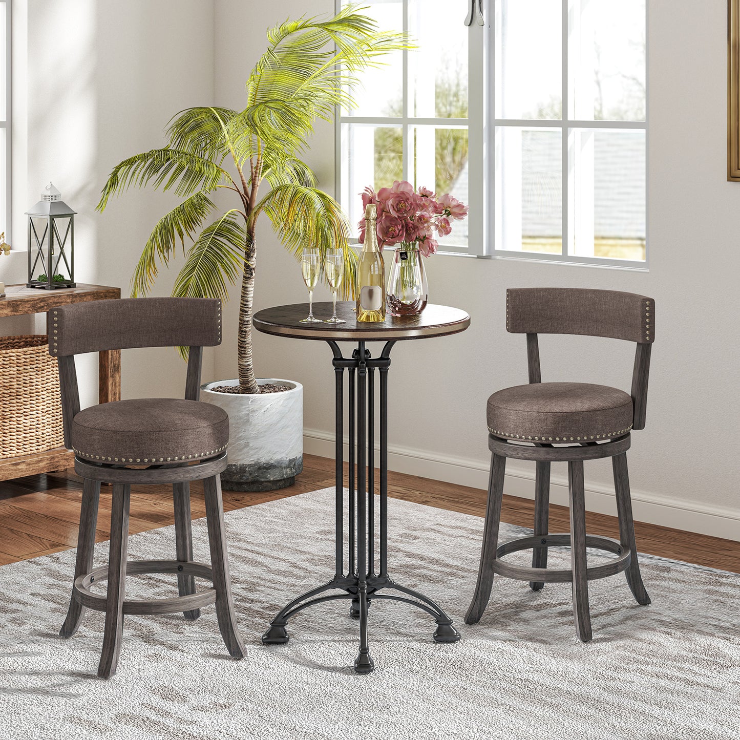 360° Swivel Counter Height Chairs Set of 2 with Rubber Wood Frame and Upholstered Seat – 24 Inch