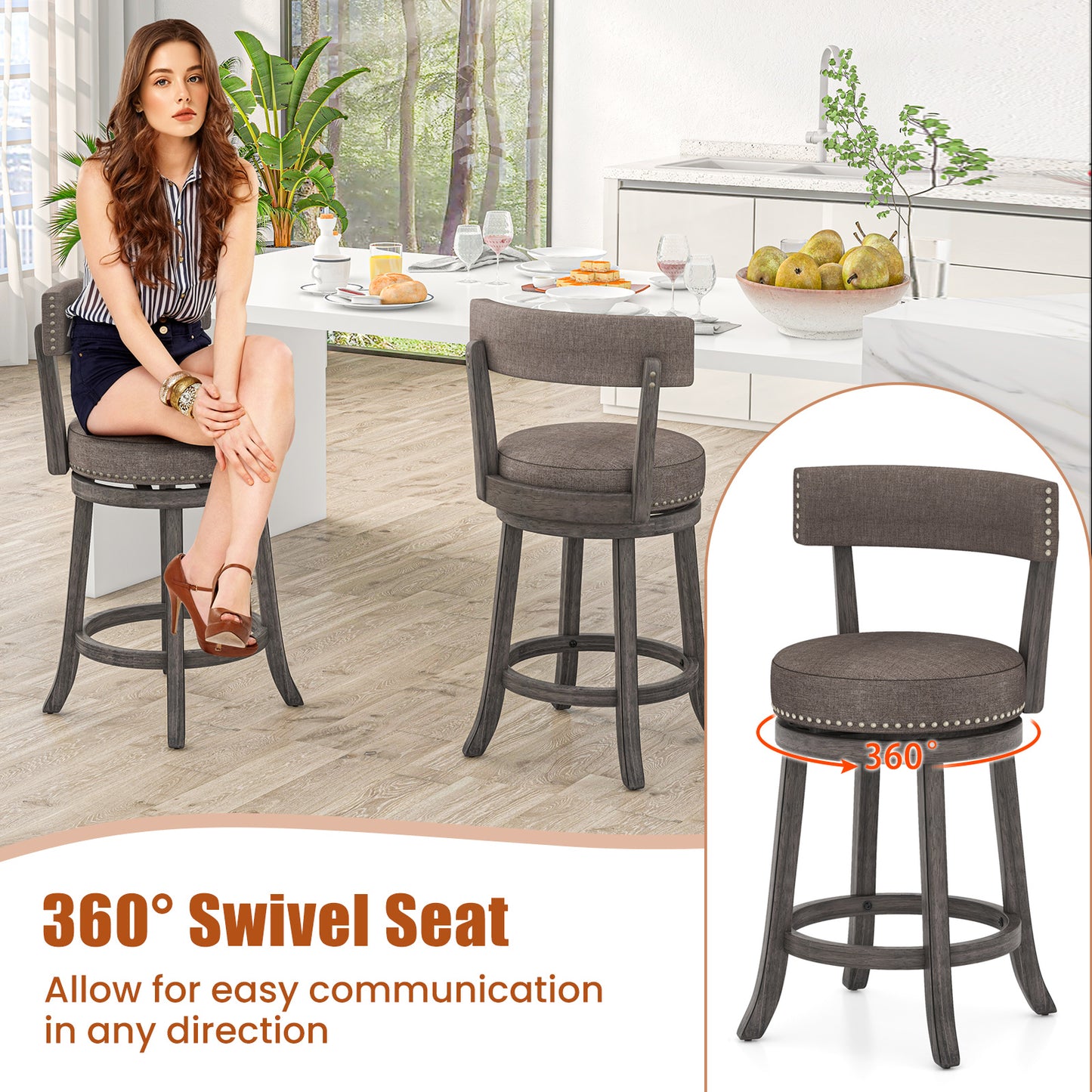 360° Swivel Counter Height Chairs Set of 2 with Rubber Wood Frame and Upholstered Seat – 24 Inch