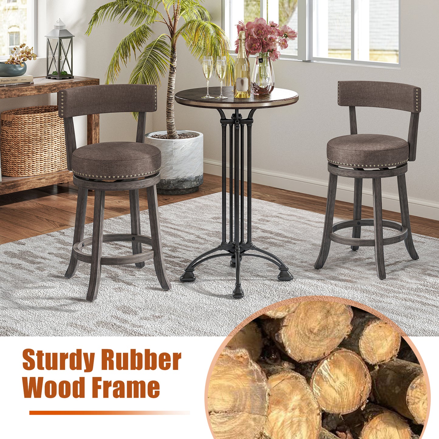 360° Swivel Counter Height Chairs Set of 2 with Rubber Wood Frame and Upholstered Seat – 24 Inch