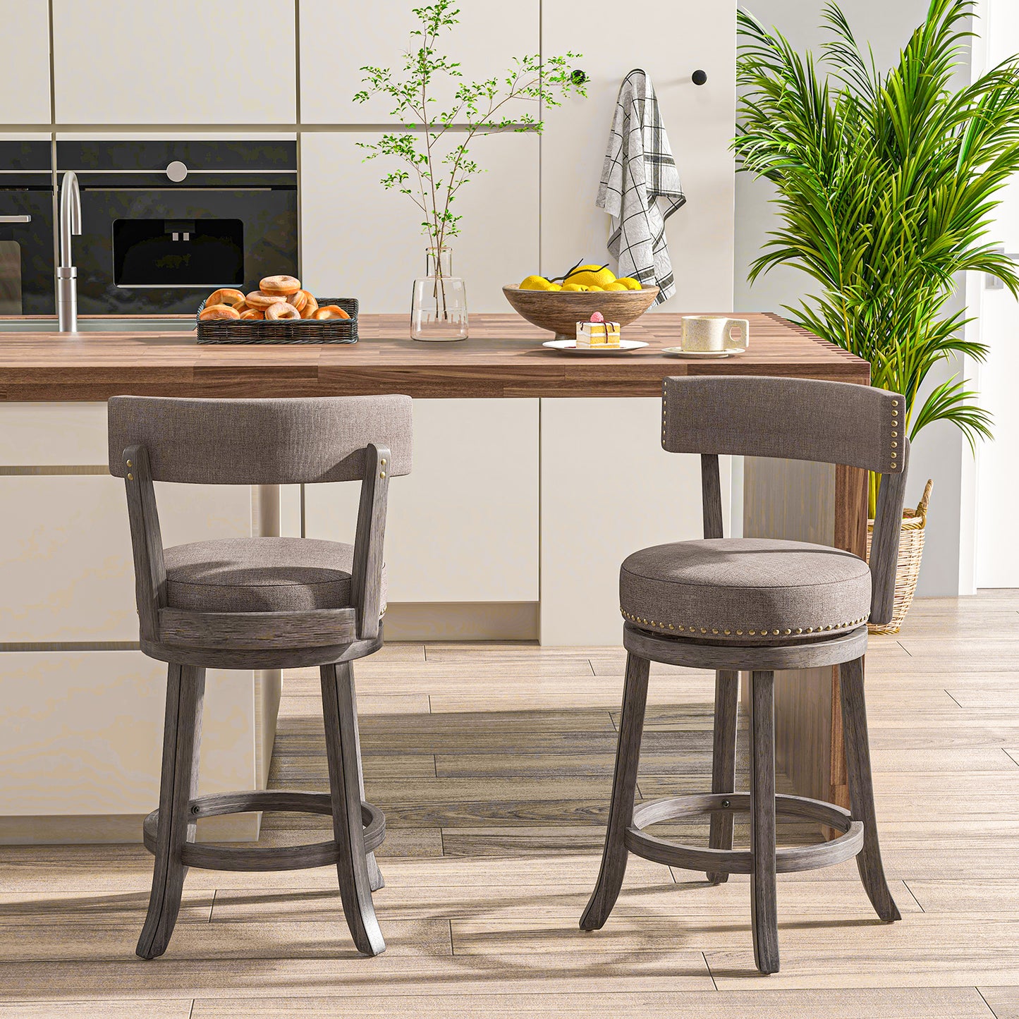 360° Swivel Counter Height Chairs Set of 2 with Rubber Wood Frame and Upholstered Seat – 24 Inch
