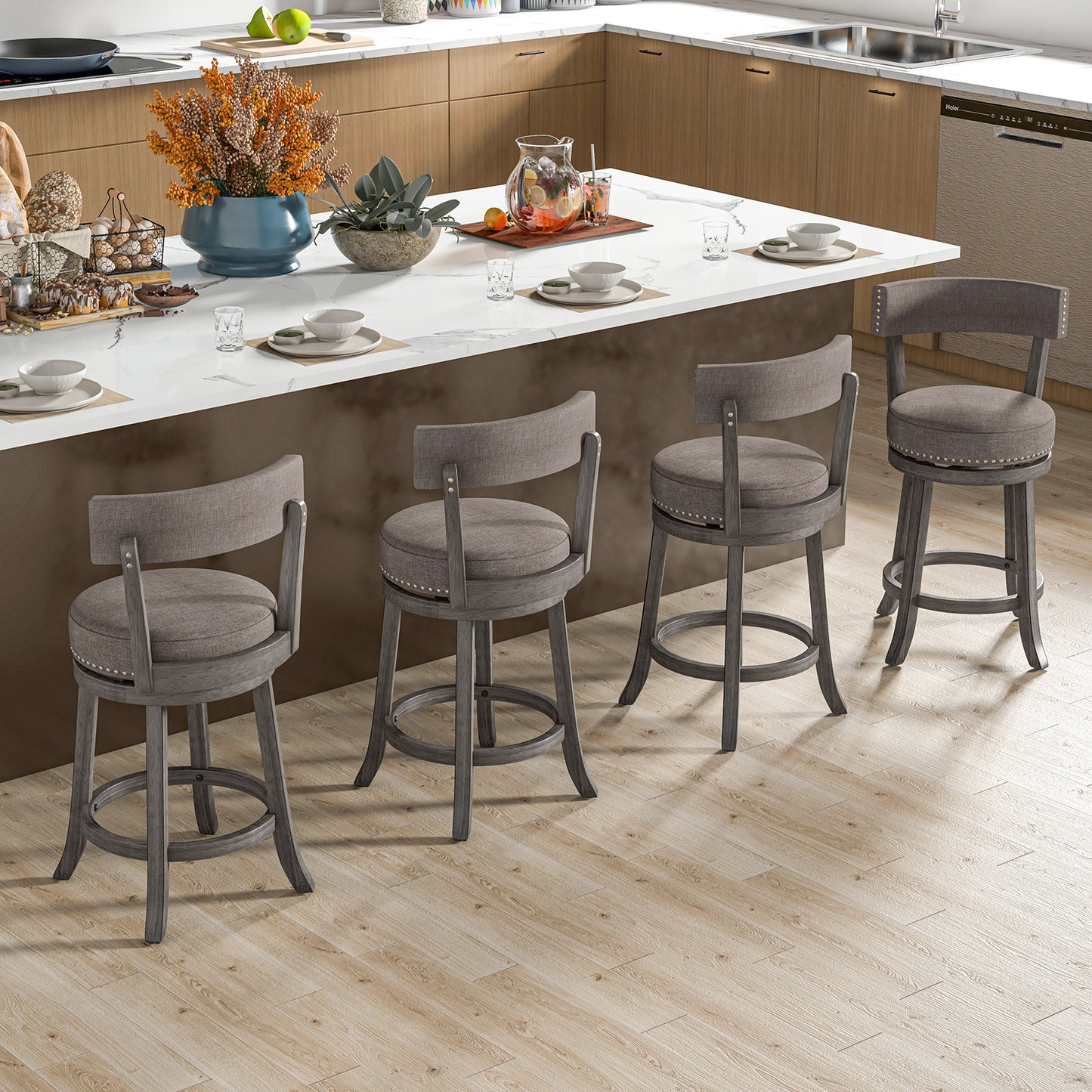 360° Swivel Counter Height Chairs Set of 2 with Rubber Wood Frame and Upholstered Seat – 24 Inch