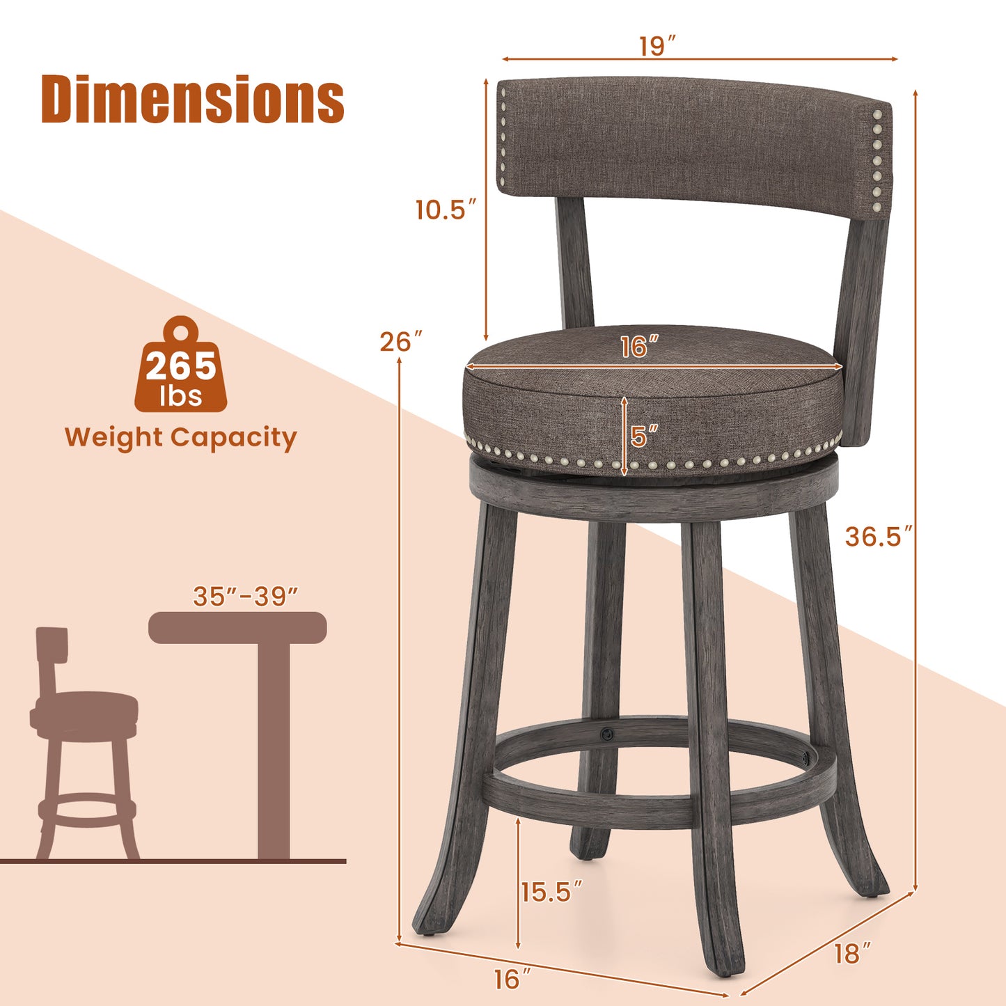360° Swivel Counter Height Chairs Set of 2 with Rubber Wood Frame and Upholstered Seat – 24 Inch