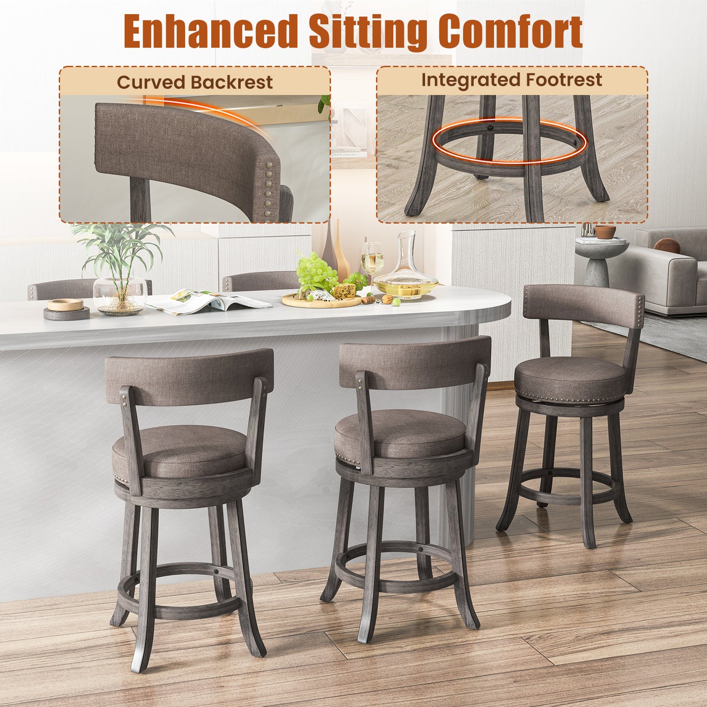 360° Swivel Counter Height Chairs Set of 2 with Rubber Wood Frame and Upholstered Seat – 24 Inch