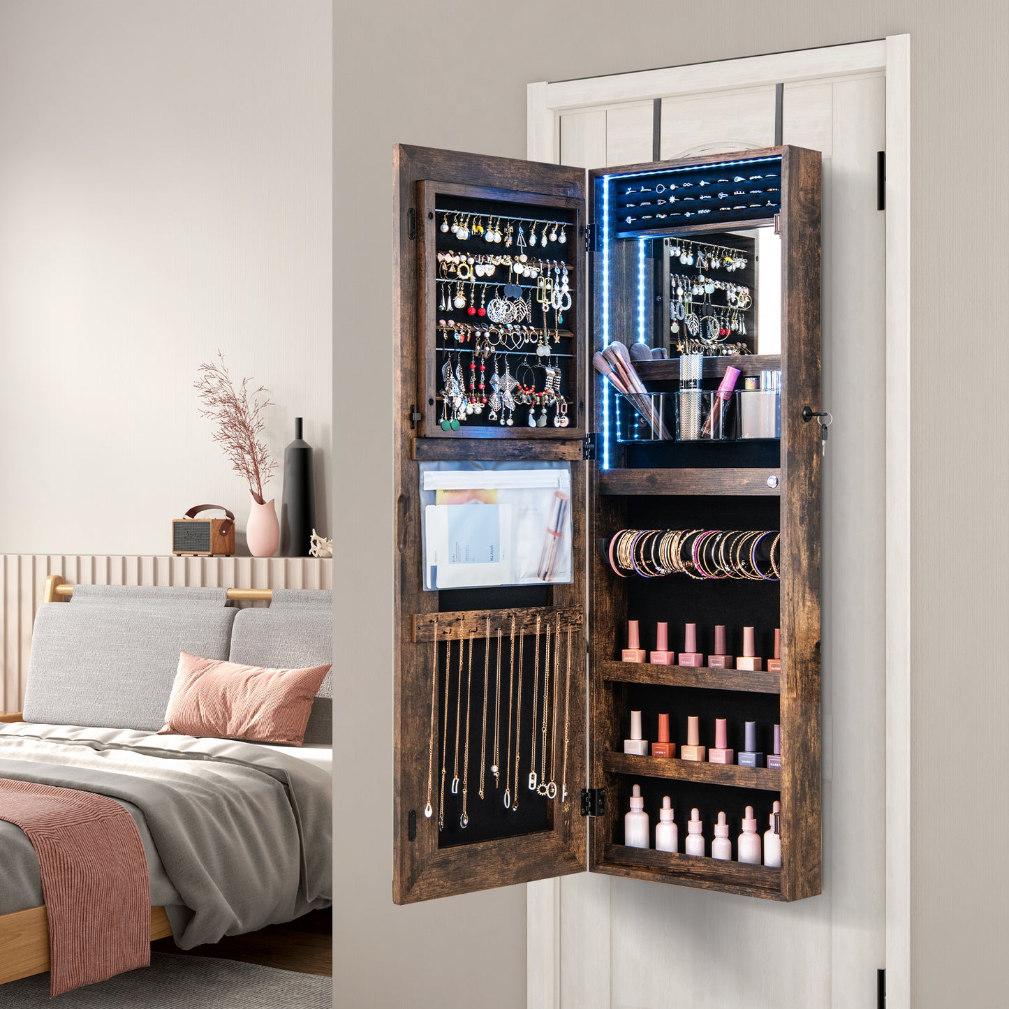 42.5 Inch Lockable Jewelry Wall Cabinet with Full-Length Mirror, 3-Color LED Lights – Rustic Brown