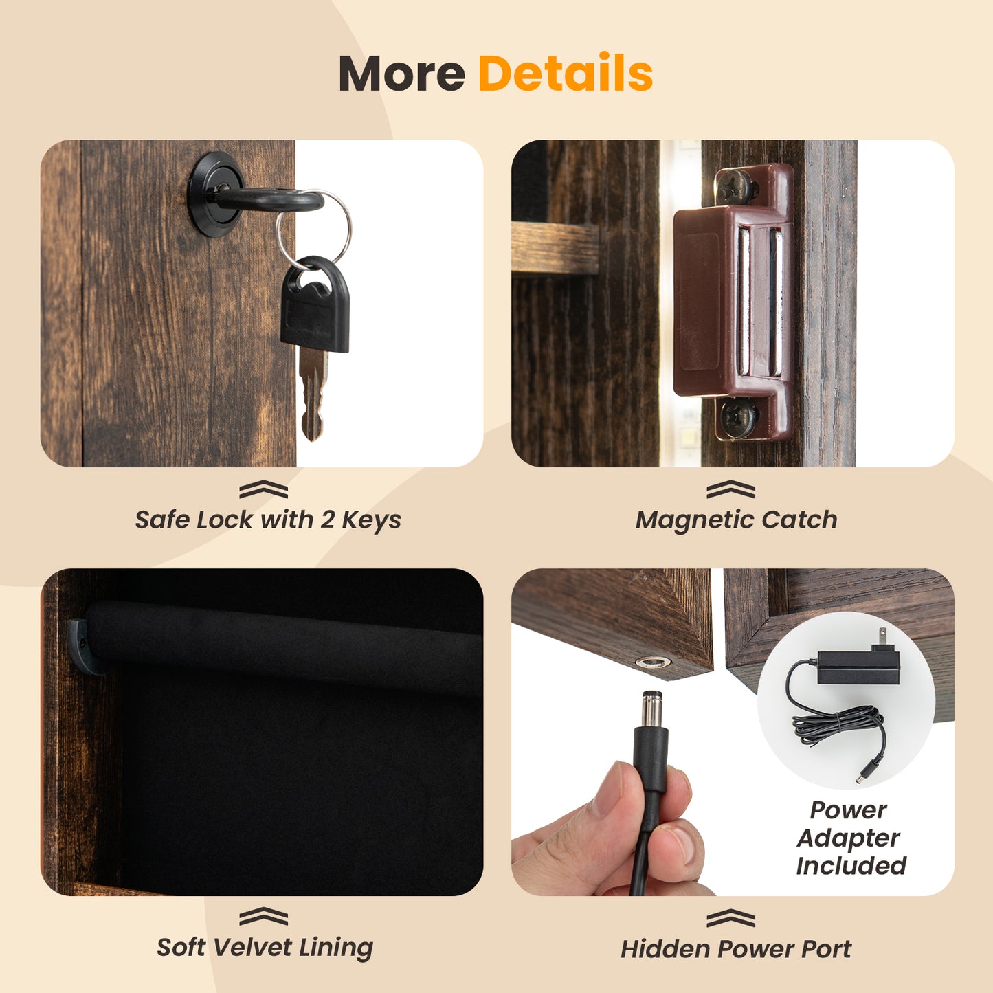 42.5 Inch Lockable Jewelry Wall Cabinet with Full-Length Mirror, 3-Color LED Lights – Rustic Brown