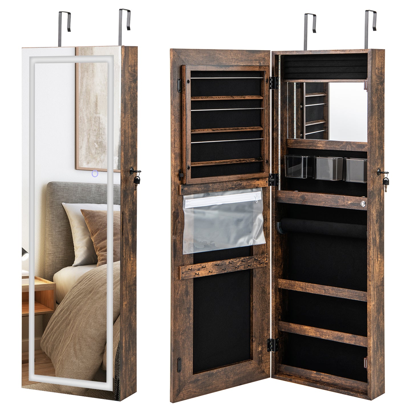 42.5 Inch Lockable Jewelry Wall Cabinet with Full-Length Mirror, 3-Color LED Lights – Rustic Brown
