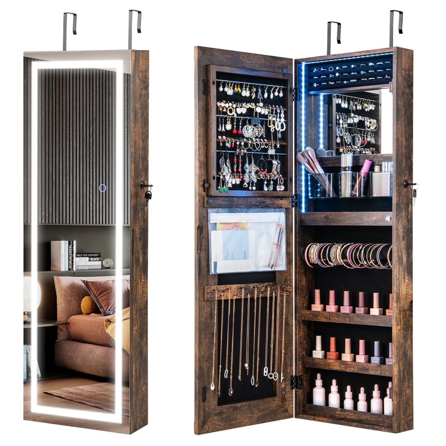 42.5 Inch Lockable Jewelry Wall Cabinet with Full-Length Mirror, 3-Color LED Lights – Rustic Brown