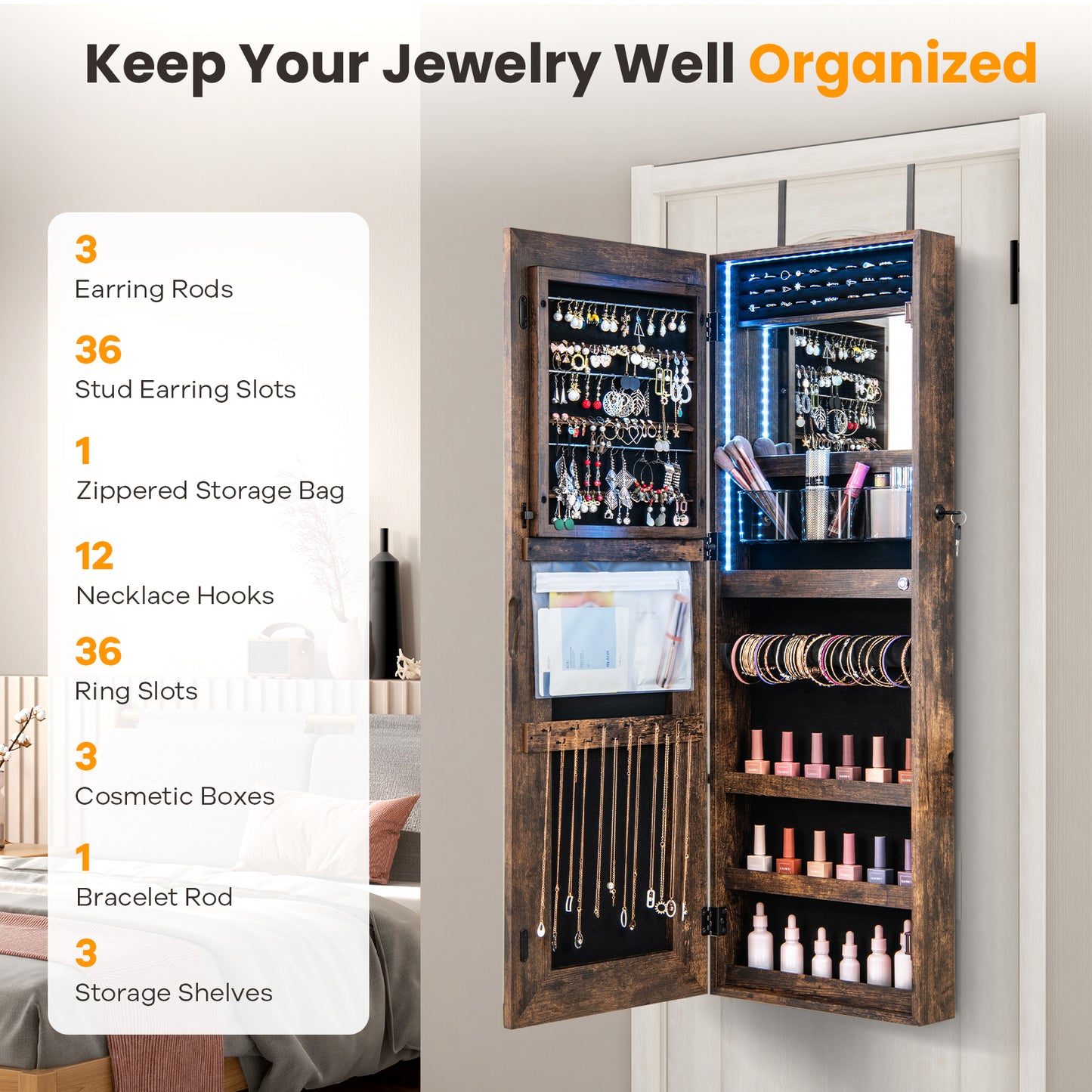 42.5 Inch Lockable Jewelry Wall Cabinet with Full-Length Mirror, 3-Color LED Lights – Rustic Brown